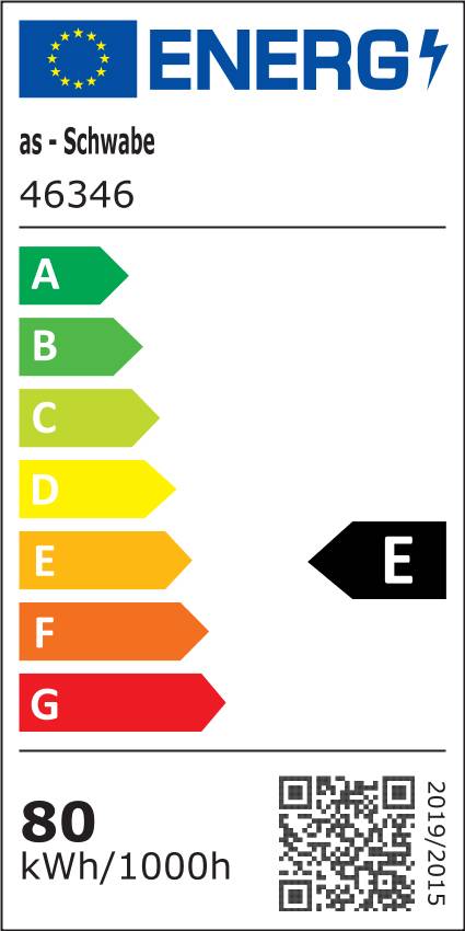 Energieeffizienz-Label für ein Produkt. Klassifizierung: E; jährlicher Energieverbrauch: 80 kWh/1000h; Produktcode: 46346.