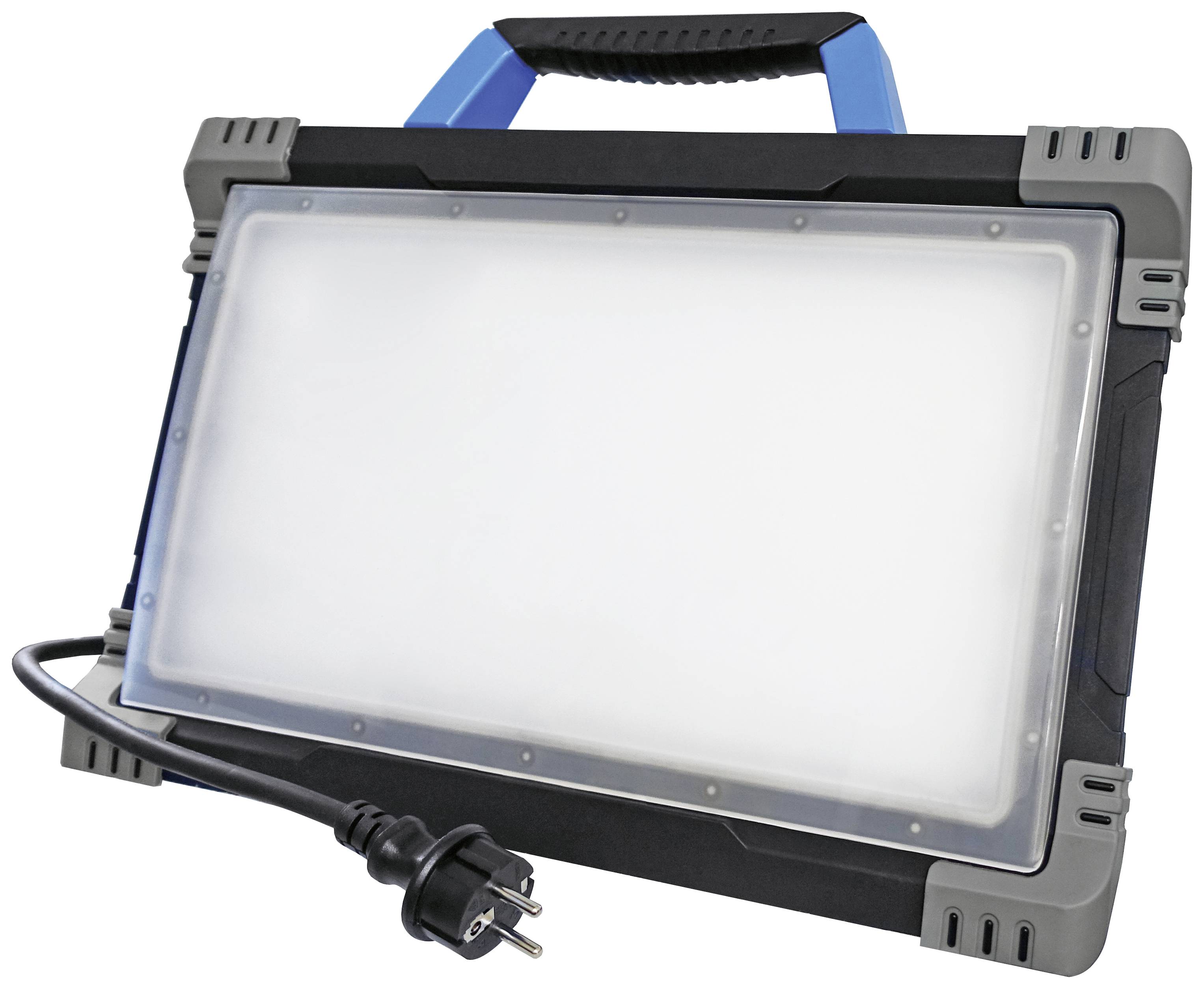 Eine tragbare LED-Arbeitsleuchte mit rechteckigem, schwenkbarem Rahmen und einem schwarzen Netzkabel. Ideal für Baustellen.