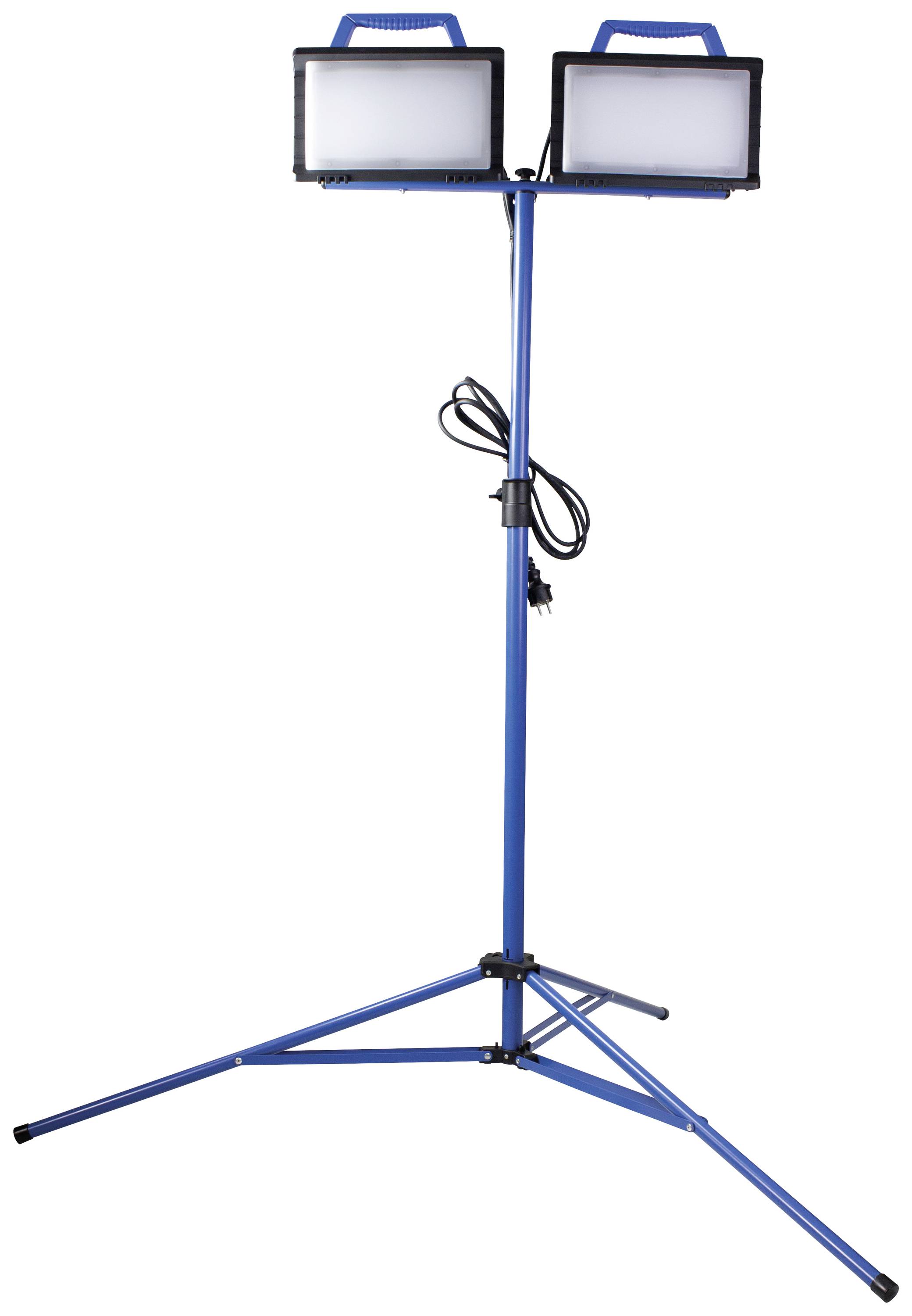 Doppeltes LED-Flutlicht auf blauem Stativ mit verstellbarer Höhe, verwendet für Baustellenbeleuchtung oder große Flächen.
