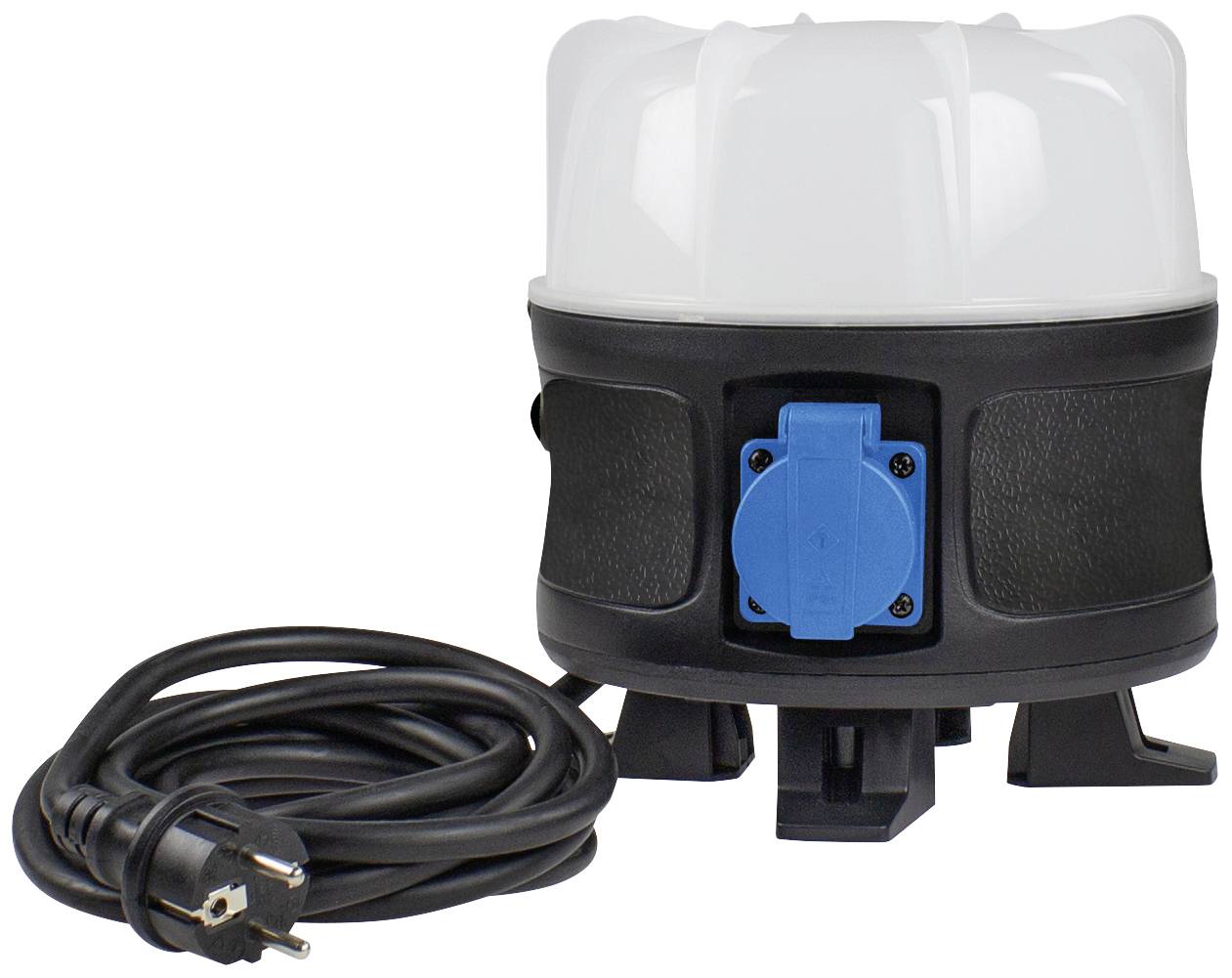 Kompakte Baustellenlampe mit integriertem Steckdosenanschluss und langem Netzkabel, geeignet für robuste Arbeitsumgebungen.