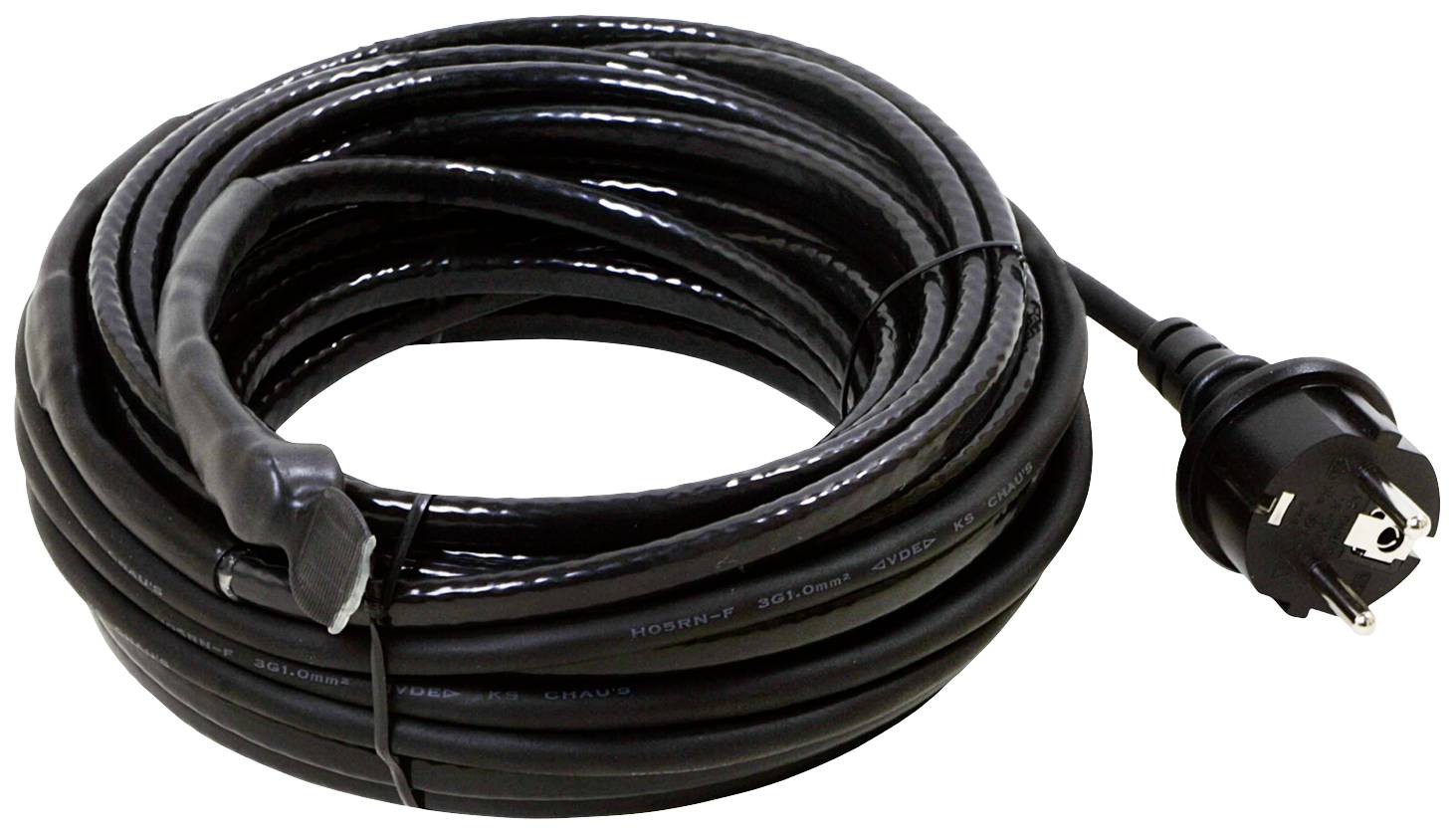 Schwarzes Verlängerungskabel mit Schuko-Stecker, aufgerollt. Geeignet für den Einsatz im Freien, wetterschutzgeprüft.