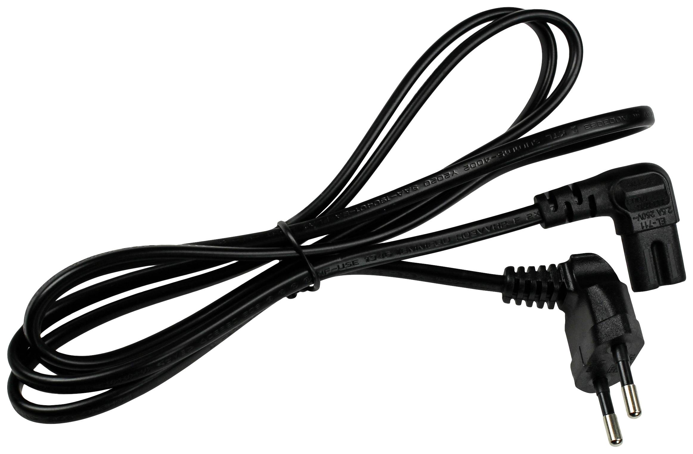Schwarzes Netzkabel mit einem Eurostecker und einem abgewinkelten Anschluss, geeignet für elektronische Geräte in Europa.