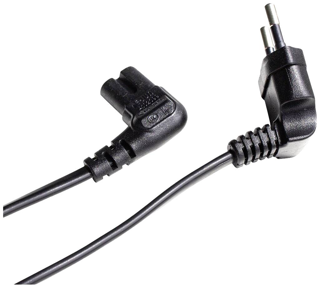 Schwarzes Netzkabel mit einem abgewinkelten Stecker und Kabelanschluss, für den Anschluss an elektrische Geräte geeignet.