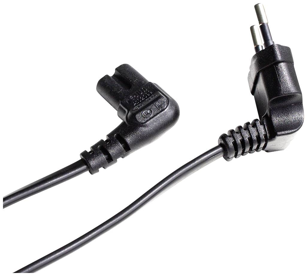 Ein schwarzes Netzkabel mit einem europäischen Stecker und einem rechtwinkligen Anschluss, geeignet für elektrische Geräte.