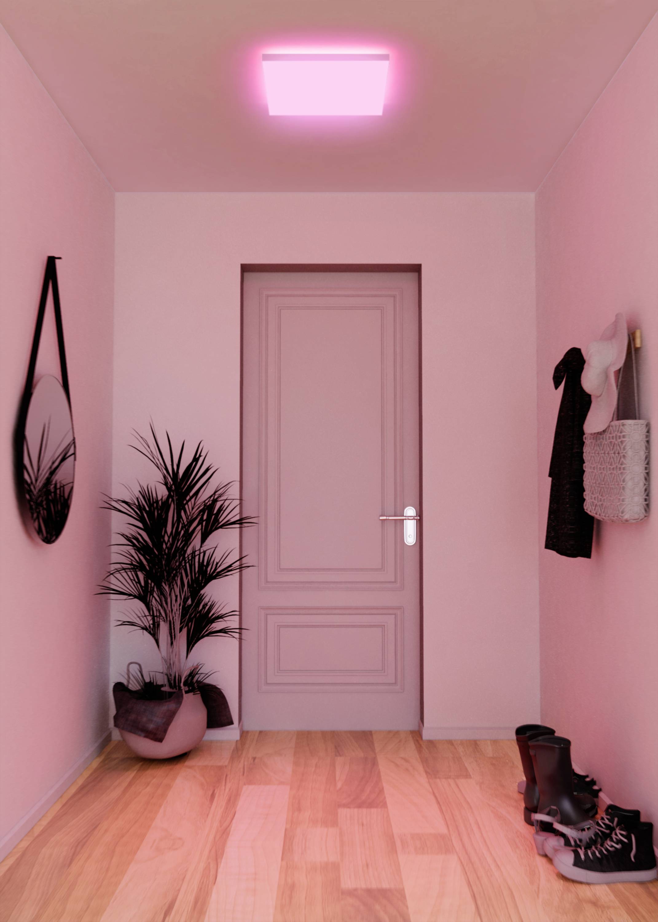 Ein schmaler Flur in Rosa mit Holzfußboden, einer geschlossenen Tür, einem runden Spiegel, Pflanzen und Schuhen an der Seite.