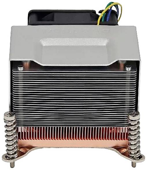 Ein Computerprozessor-Kühler mit Kupferbasis, Aluminiumlamellen und Kühlventilator. Kabel für den Stromanschluss sind sichtbar.