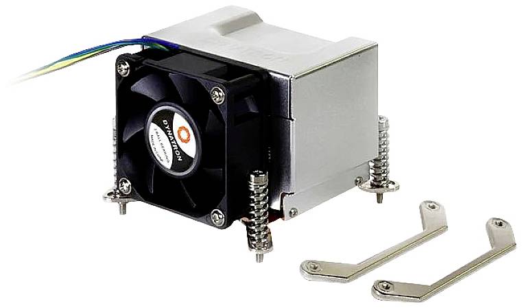 Kühlkörper mit Lüfter für Prozessoren, darauf montiert. Silberne Halterungen und bunte Kabel sichtbar. Geeignet zur Wärmeableitung in Computern.