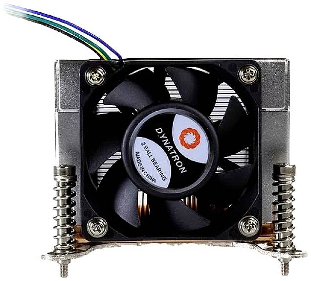 Kühlkörper mit Lüfter, Drahtanschlüsse und Befestigungsschrauben sichtbar. Modellbezeichnung 'Dynatron' auf der Lüftermitte.