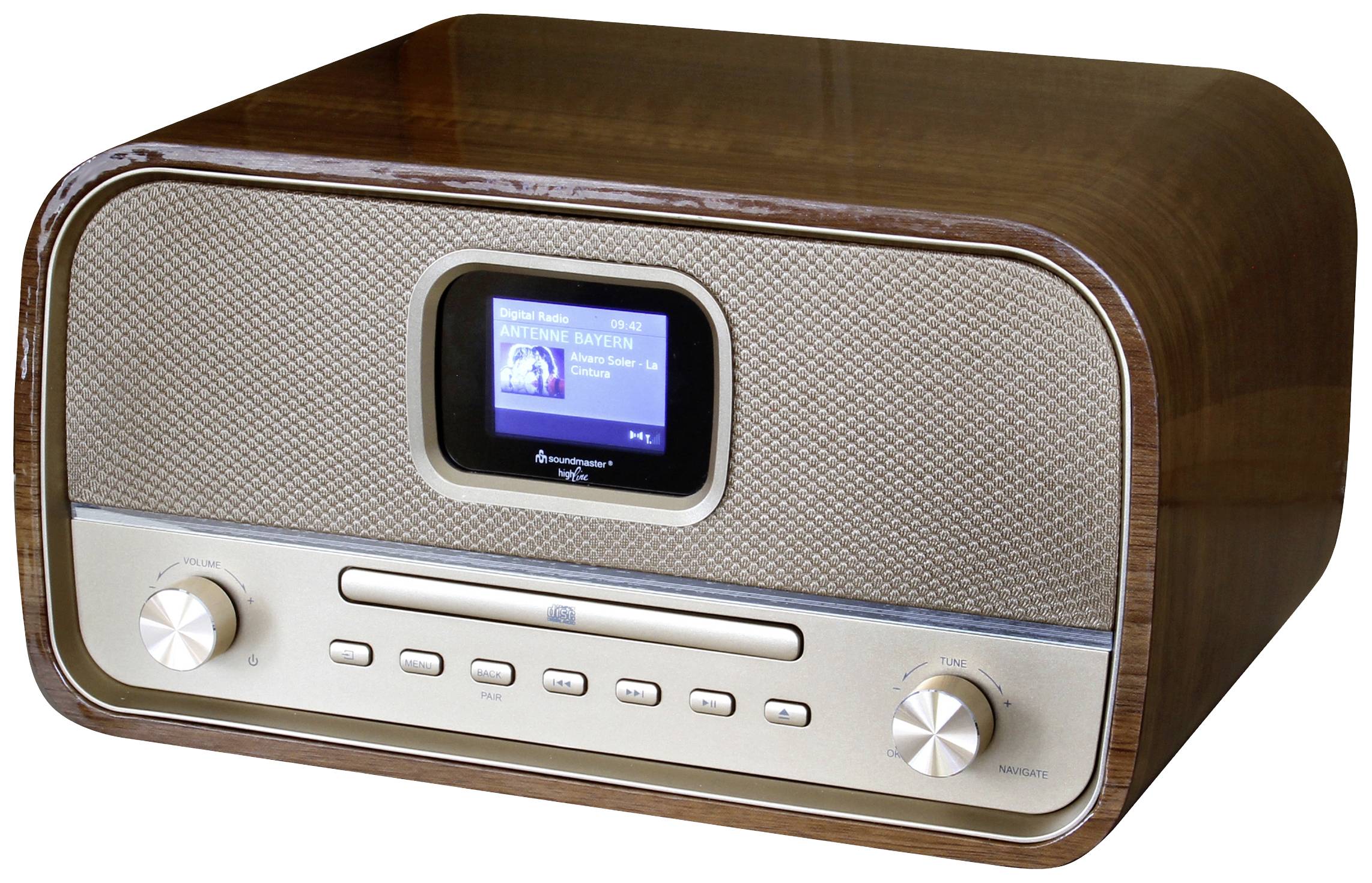 Ein Retro-Radio mit Holzrahmen hat ein Display in der Mitte. Zwei Drehknöpfe befinden sich unten links und rechts.