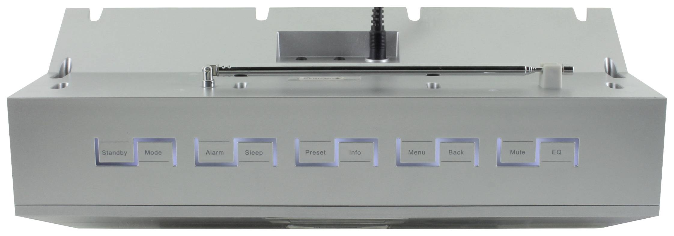 Silberne Schalttafel mit blau beleuchteten Tasten für Funktionen wie Standby, Modus, Alarm, Sleep, Preset und Menü.