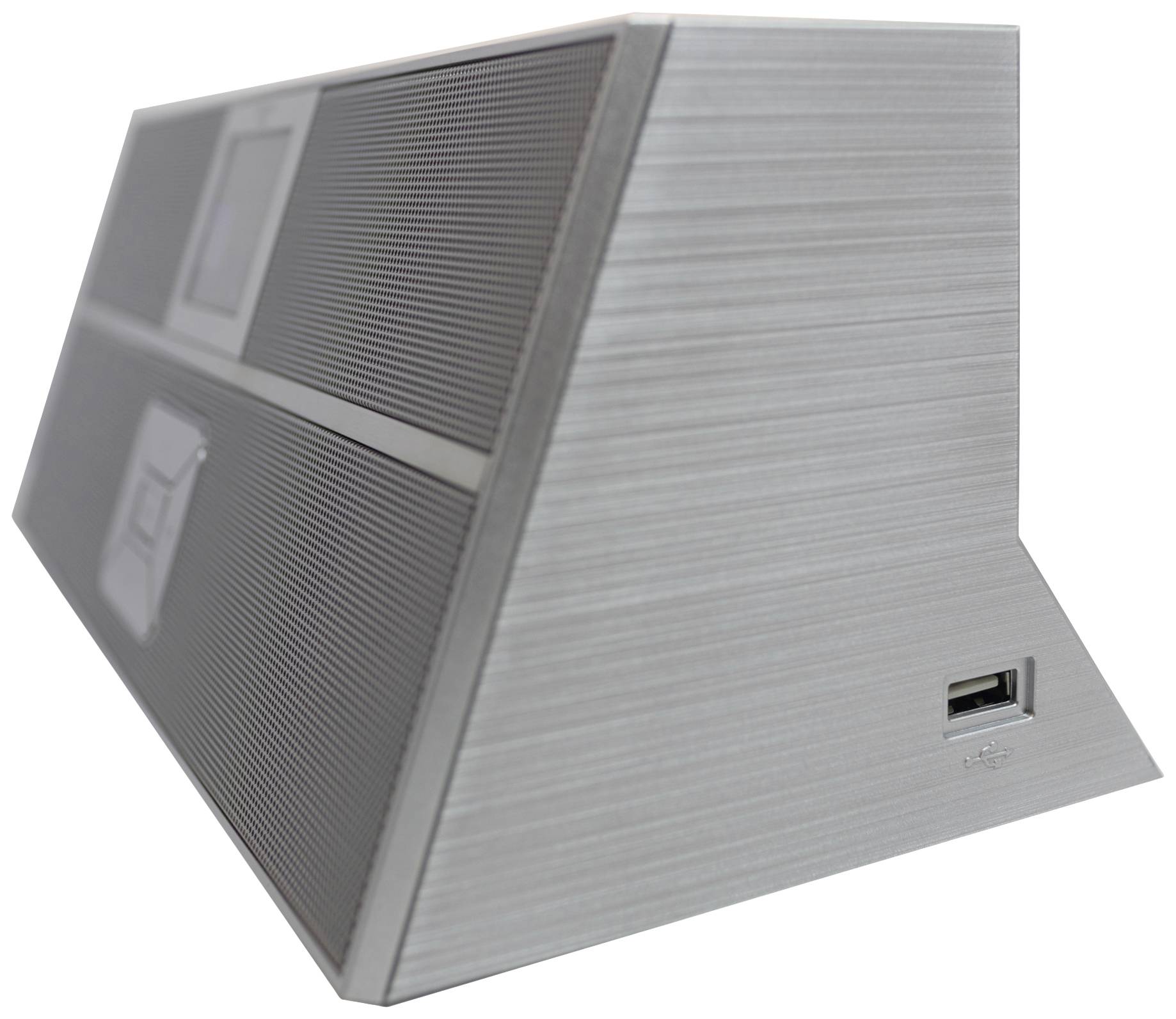 Ein moderner Lautsprecher mit USB-Anschluss an der Seite. Das Design ist dreieckig und aus gebürstetem Metall.