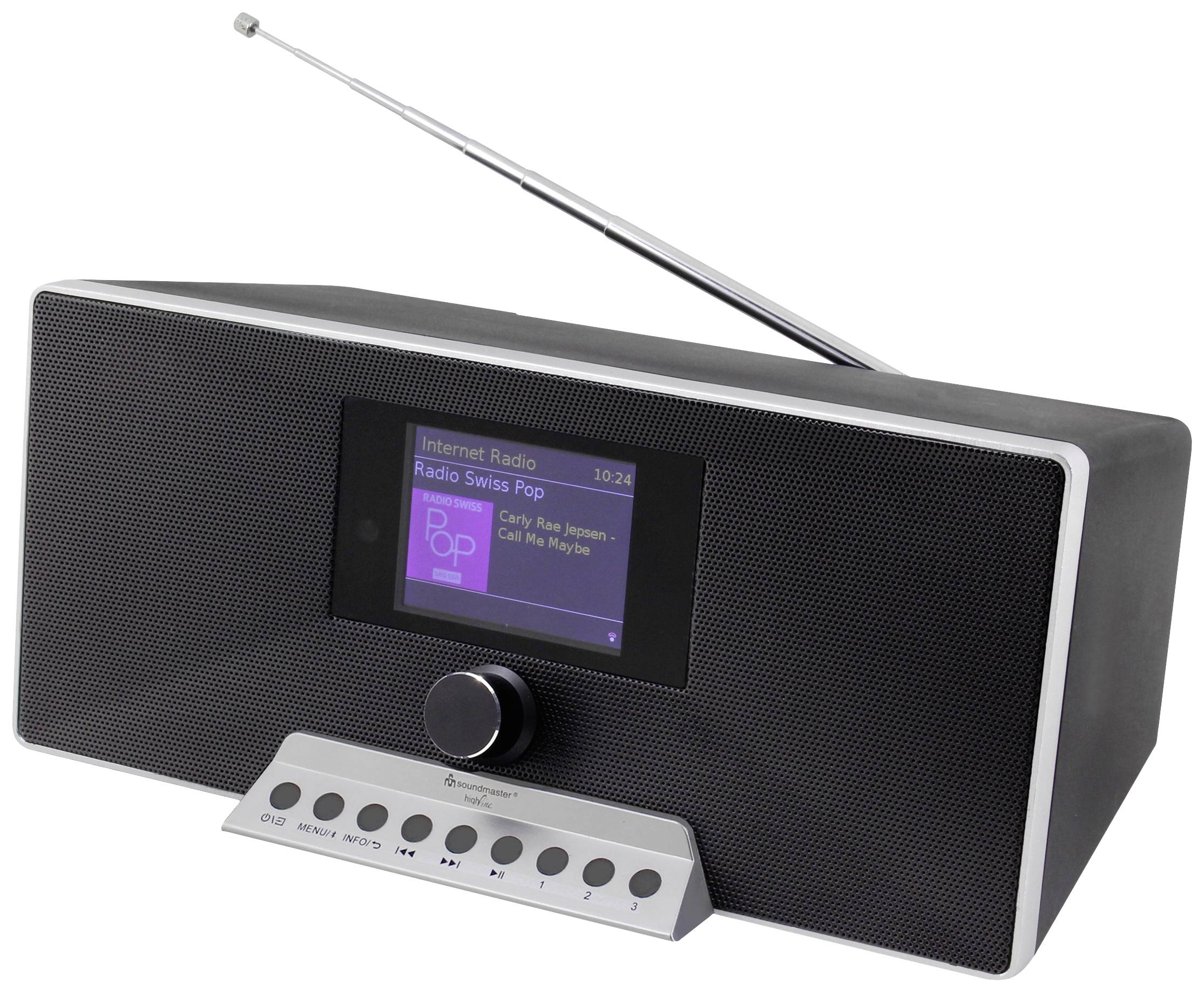 Ein schwarz-silbernes Internetradio mit kleinem Display zeigt 'Radio Swiss Pop' an. Es hat eine ausziehbare Antenne und mehrere Tasten.