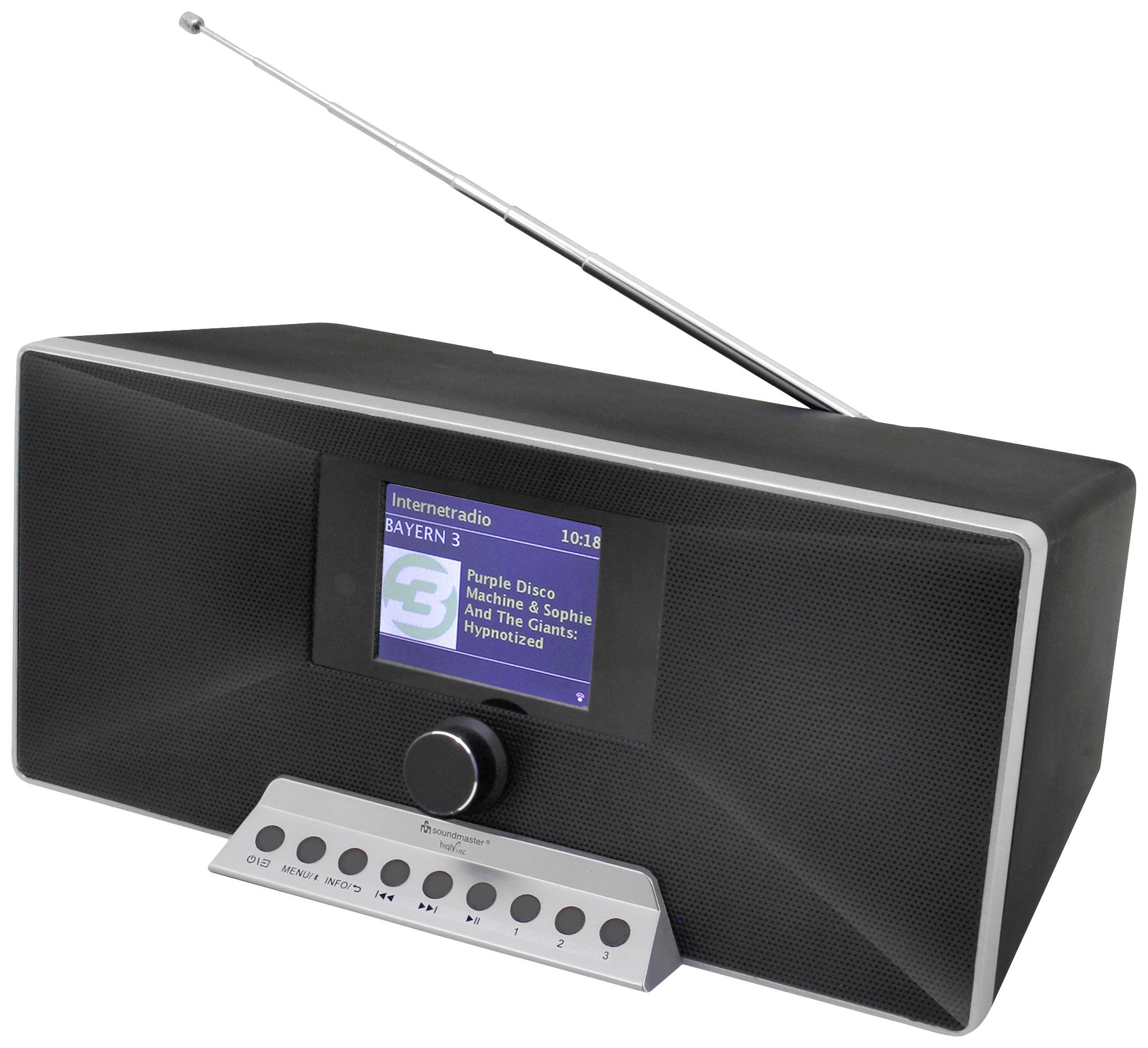 Ein schwarzes Internetradio mit einer ausziehbaren Antenne. Auf dem Display wird 'Bayern 3' mit einem laufenden Song angezeigt.