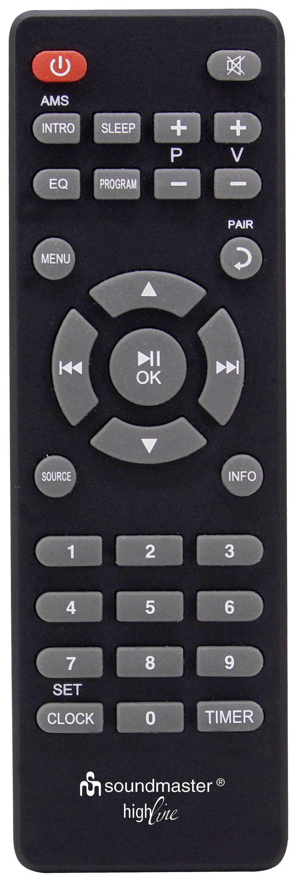 Eine schwarze Fernbedienung mit Tasten für Lautstärke, Menünavigation, Zahlen, Soundeinstellungen und Timerfunktionen.