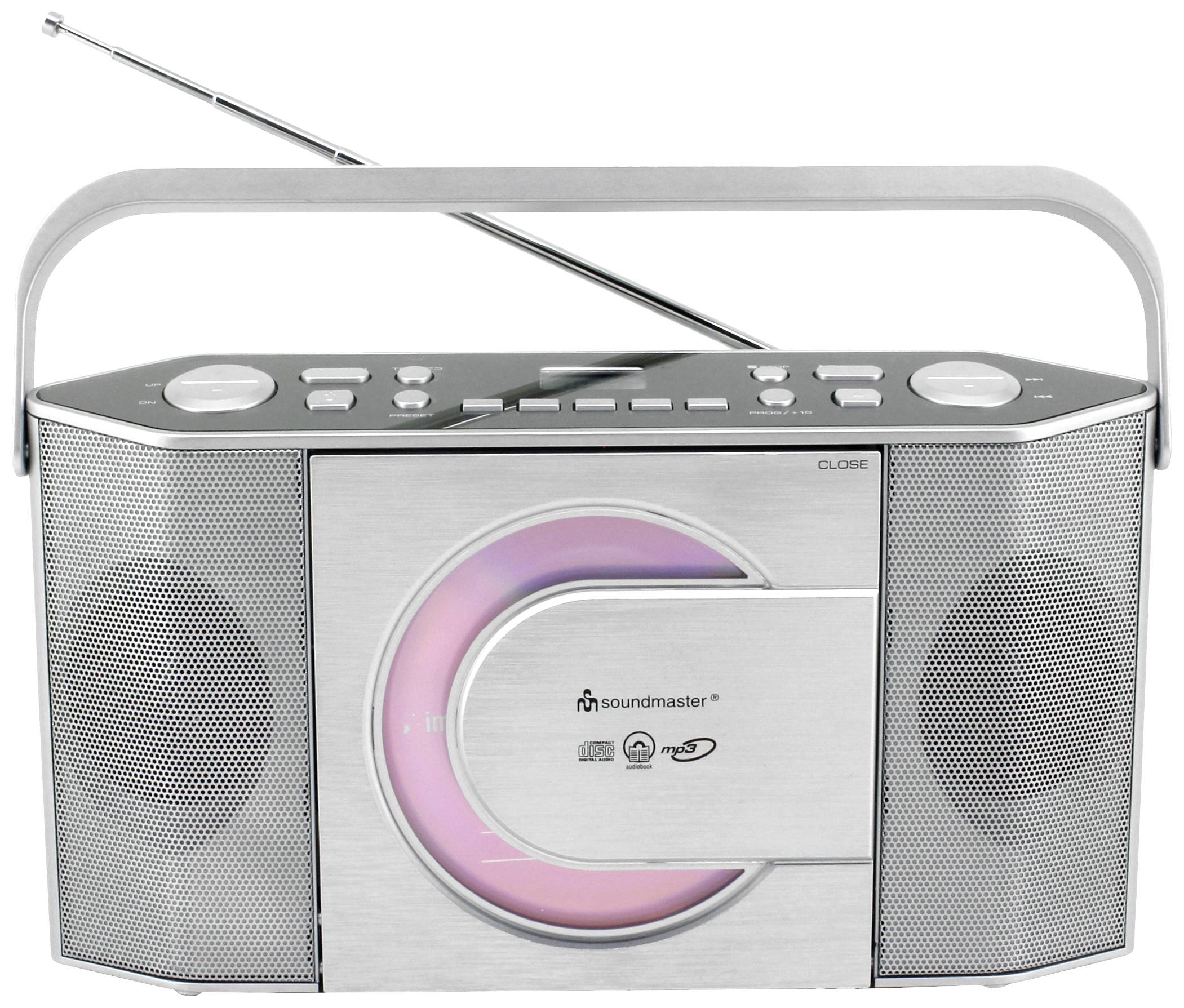 Ein tragbares Radio mit klappbarer Antenne und Lautsprechern auf beiden Seiten. Es gibt Tasten zur Steuerung oben auf dem Gerät.