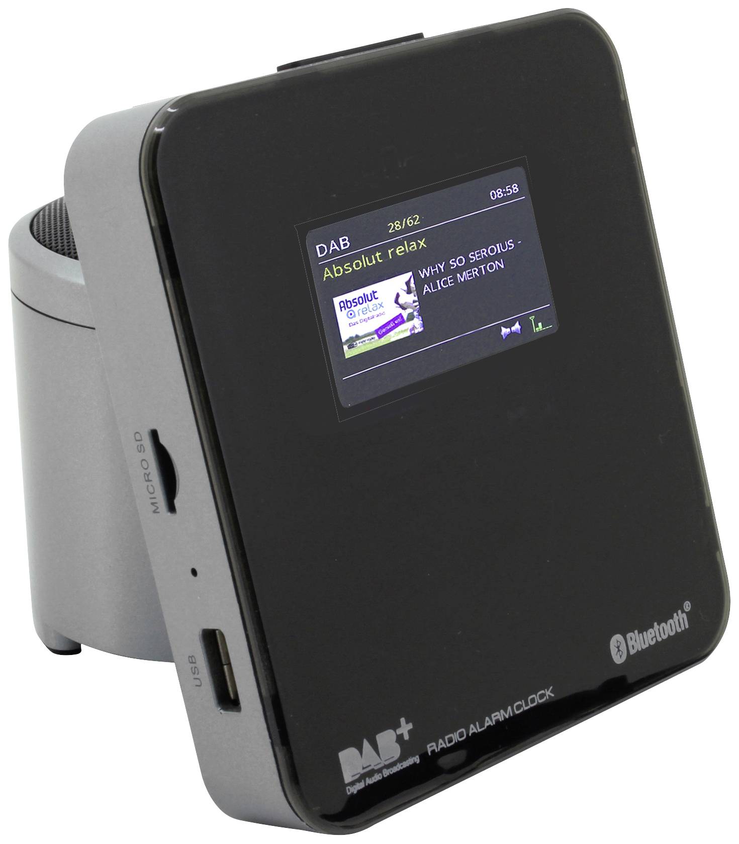 Digitaler Radiowecker mit Bluetooth, zeigt den Radiosender 'Absolut relax' und das Lied 'Why So Serious' von Alice Merton auf einem kleinen Display an.
