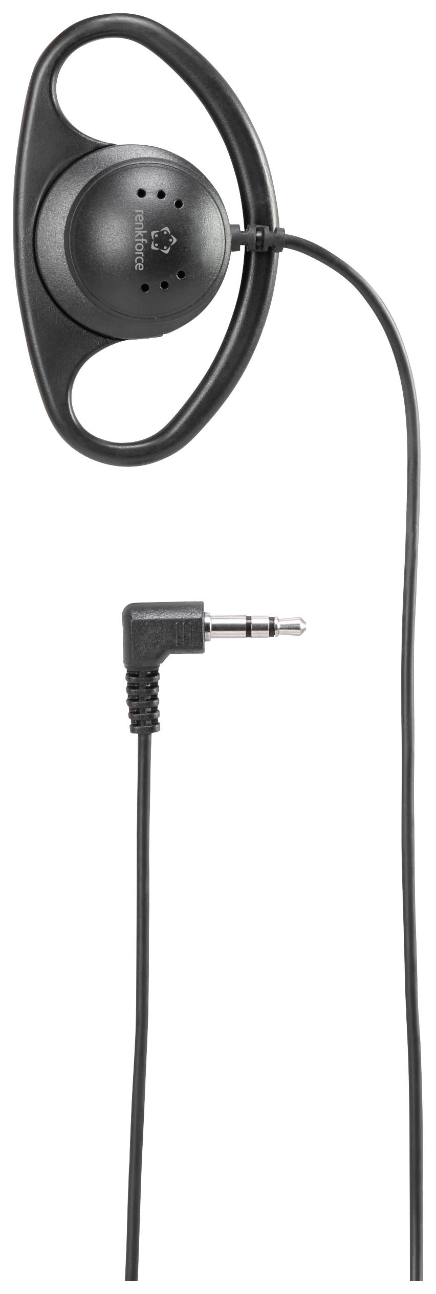 Schwarzer Ohrhörer mit Kabel und L-förmigem 3,5-mm-Klinkenstecker, geeignet für Audio-Geräte.