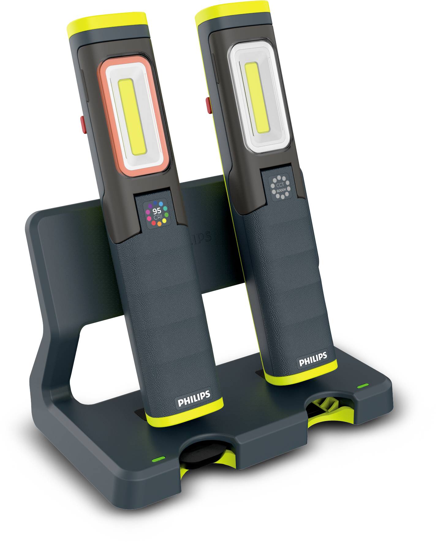 Zwei tragbare LED-Arbeitsleuchten von Philips stehen in einer Ladestation. Sie sind schwarz mit gelben Akzenten und haben Displayanzeigen.
