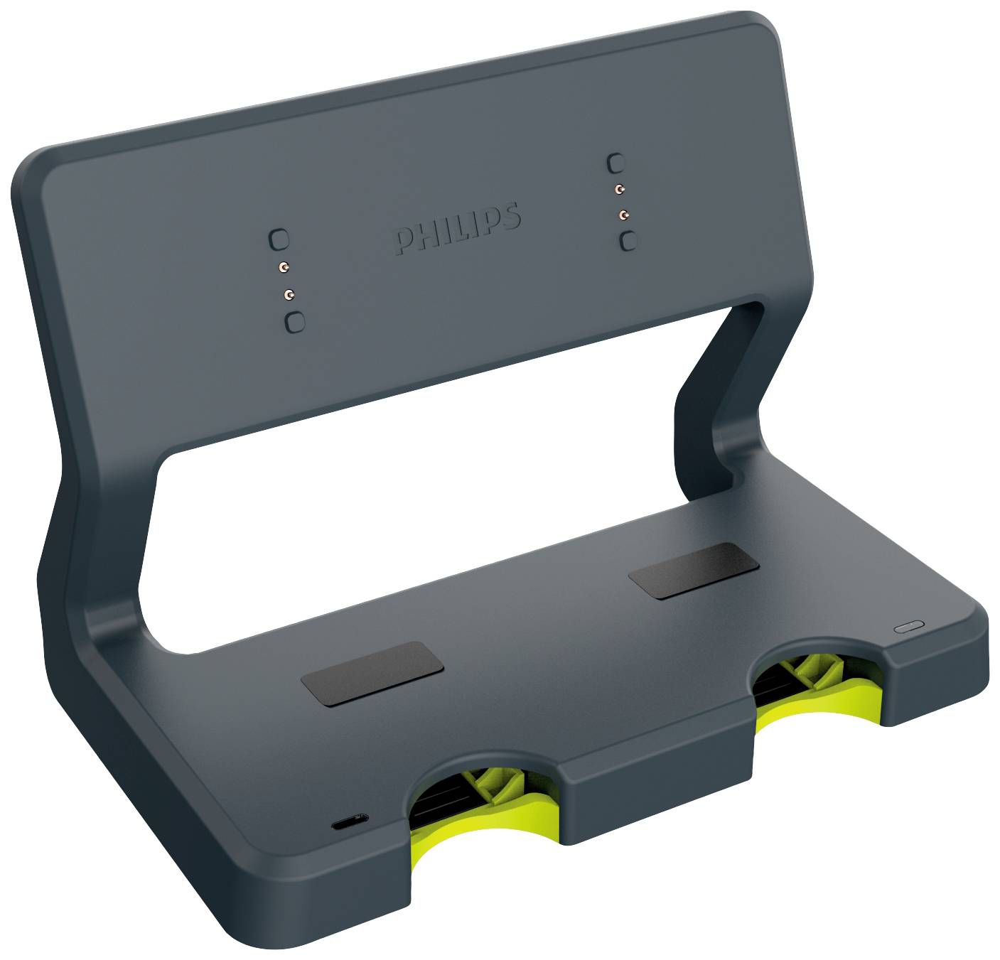 Dockingstation von Philips in dunklem Blau mit zwei Ladeplätzen und grünen Akzenten, geeignet für das gleichzeitige Laden mehrerer Geräte.