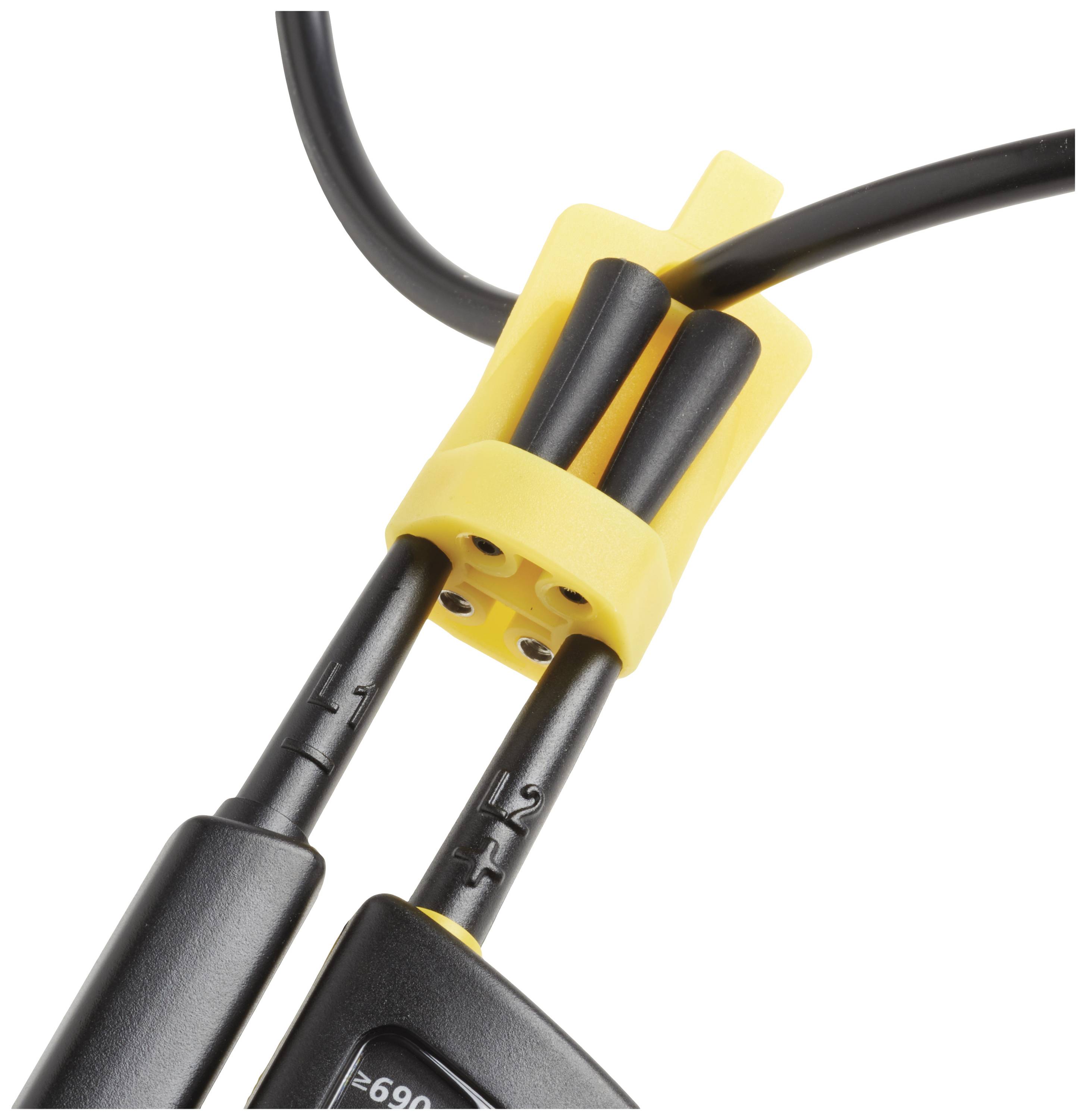 Zwei schwarze Kabel mit gelb-schwarzem Verbindungsstück und Markierungen L1 und L2, die elektrische Verbindung oder Messung andeuten.