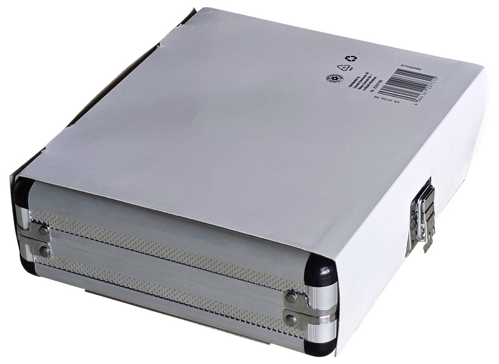 Ein kleines optisches Transceiver-Modul mit Metallgehäuse und schwarzem Frontstecker, dargestellt auf weißem Hintergrund.