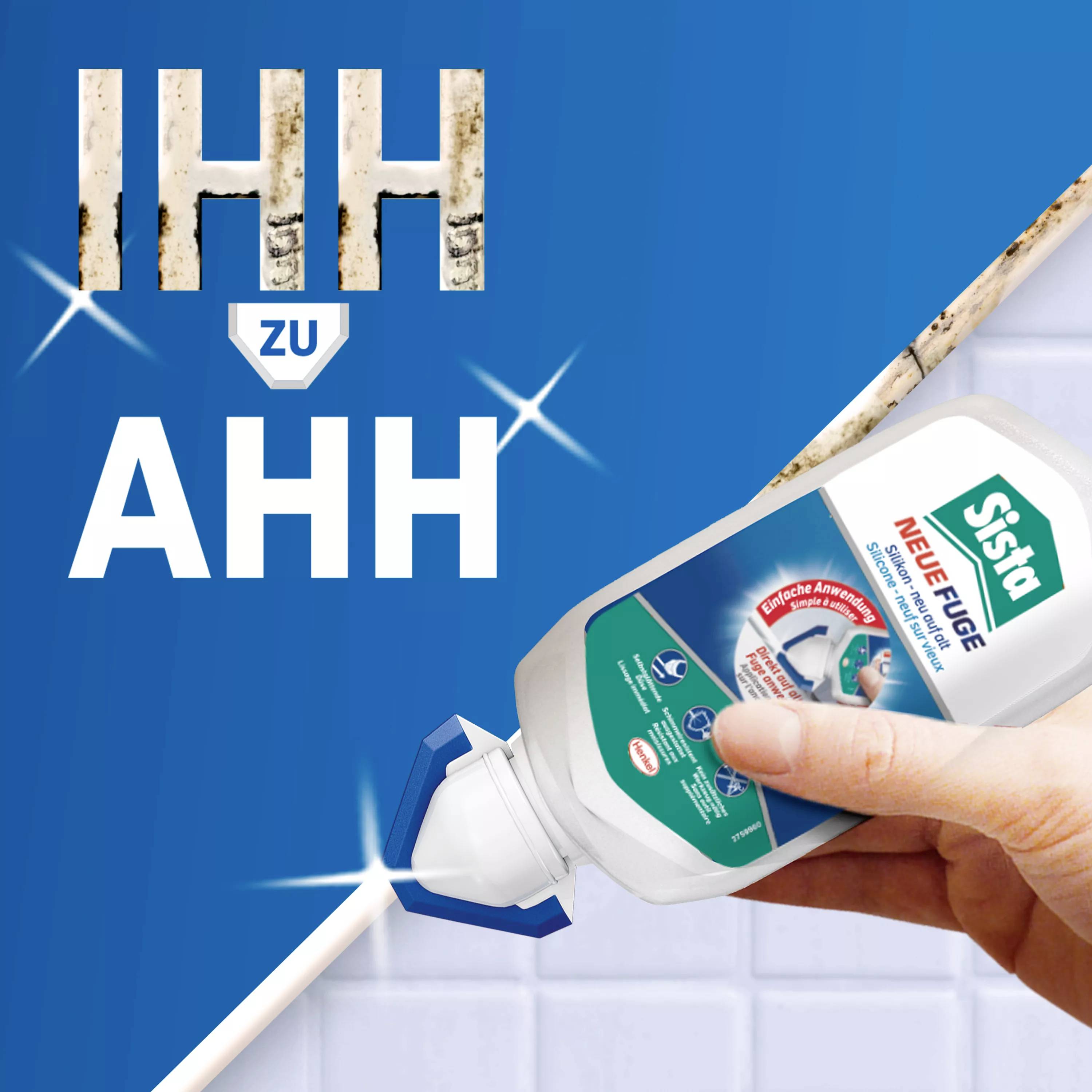 'Dekoratives Bild einer Hand, die eine Tube Fugenreiniger mit dem Text: Ihh zu Ahh' hält, symbolisiert die Reinigung von Schmutz.'