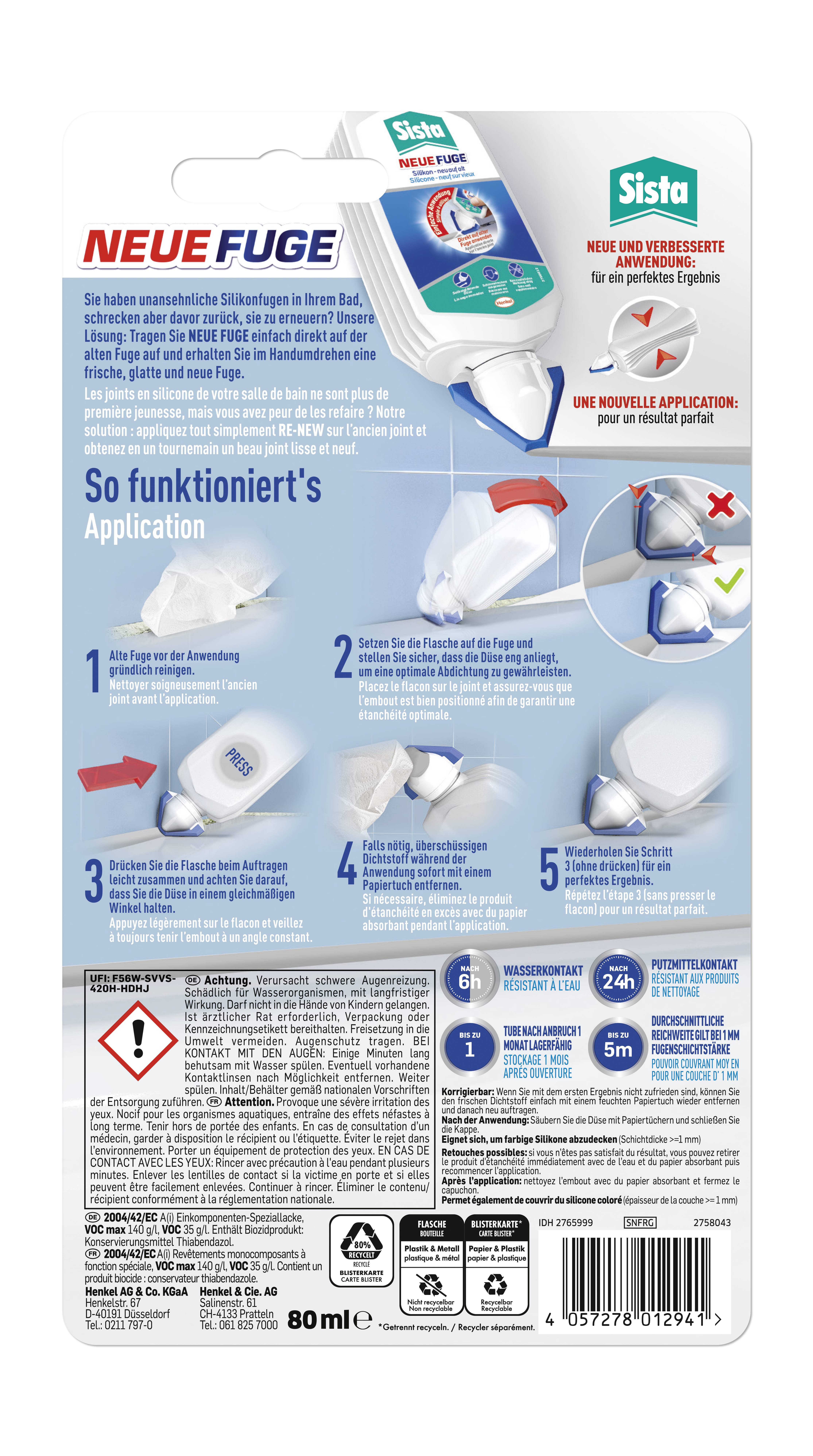 'So funktioniert's' Anleitung zur Anwendung eines Fugenpflegemittels in fünf Schritten, mit Bildern und erklärendem Text.