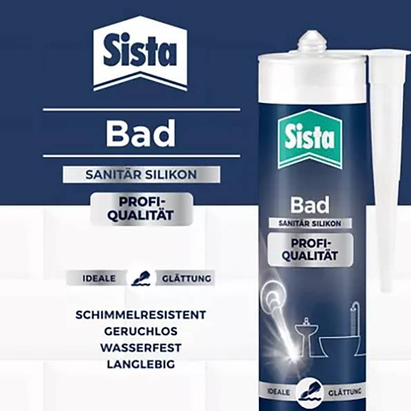 Eine Tube Sanitärsilikon der Marke Sista, beschrieben als 'Bad', wasserfest, geruchlos, schimmelresistent und langlebig.