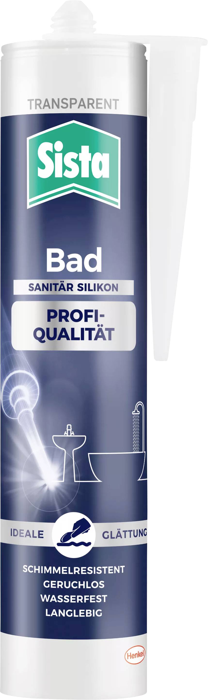 Eine Tube transparentes Silikondichtmittel für Bäder. Markenname 'Sista'. Eigenschaften: schimmelresistent, geruchlos, wasserfest, langlebig.