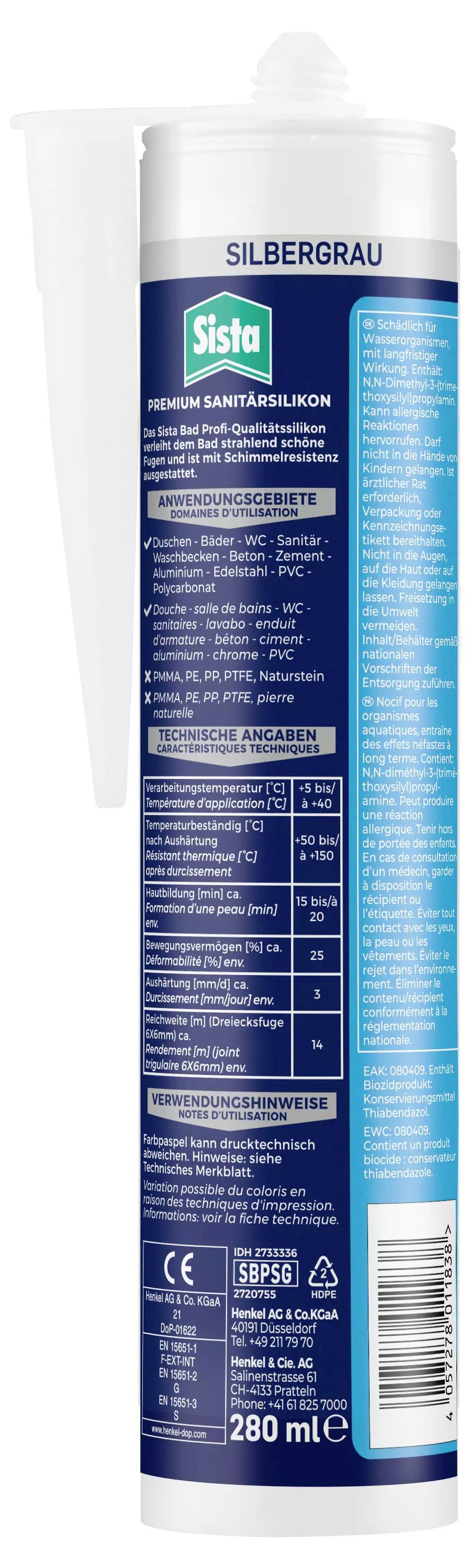 Eine Kartusche Sanitärsilikon in Silbergrau von Sista. Enthält Anweisungen zur Anwendung und Informationen über das Produkt. 280 ml.