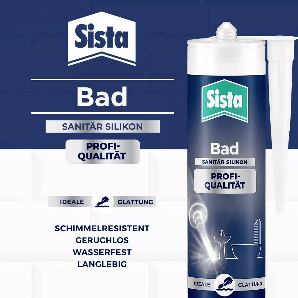 Produktabbildung einer Sista Silikonkartusche. Text: Bad, Sanitär Silikon, Profi-Qualität. Eigenschaften: geruchlos, schimmelresistent, langlebig, wasserdicht, glättend.