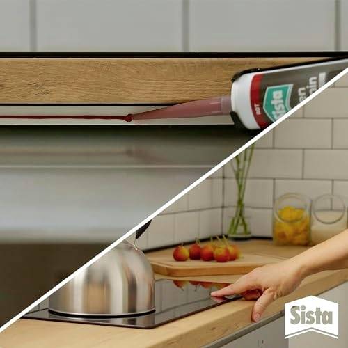 Auftragen von Silikonabdichtungsmittel auf die Kante einer Küchenarbeitsplatte zum Abdichten. Das Logo der Marke Sista ist in der unteren rechten Ecke sichtbar.