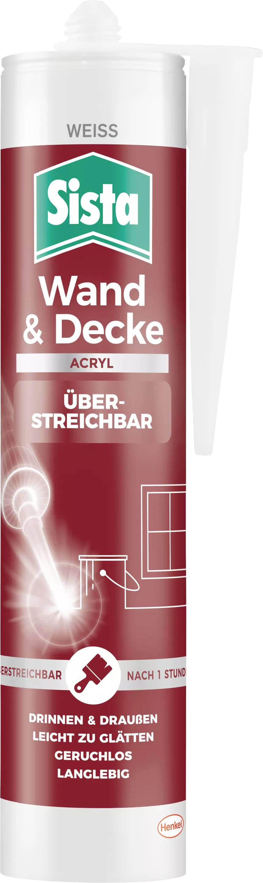 Die Abbildung zeigt eine weiße Acryl-Kartusche der Marke 'Sista', geeignet für Wände und Decken, überstreichbar und geruchlos.