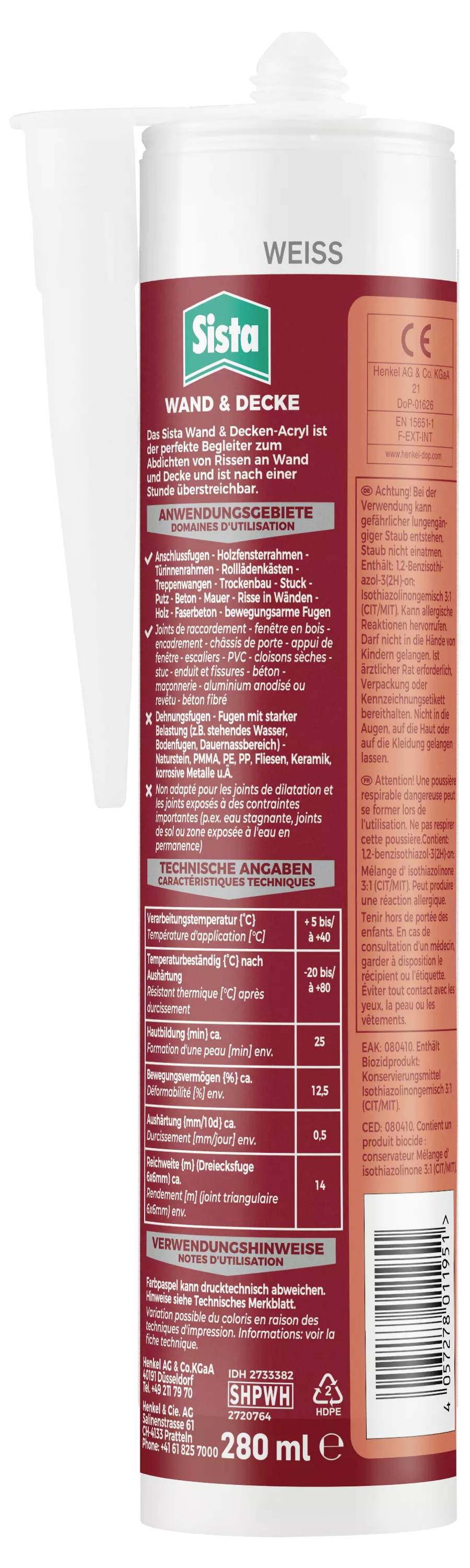 Kartusche mit weißem Dichtstoff der Marke Sista, geeignet für Wand und Decke. Enthält Anwendungshinweise und technische Details.