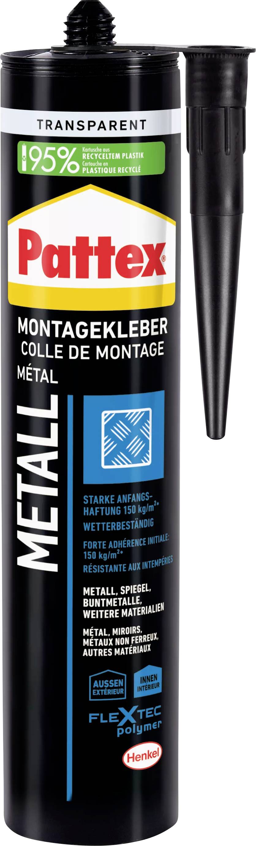 Montagekleber 'Pattex Metal' Tube: transparent, 95% recycelte Materialien. Für Metalle, Spiegel, feuchte Untergründe. FlexTec Polymer.