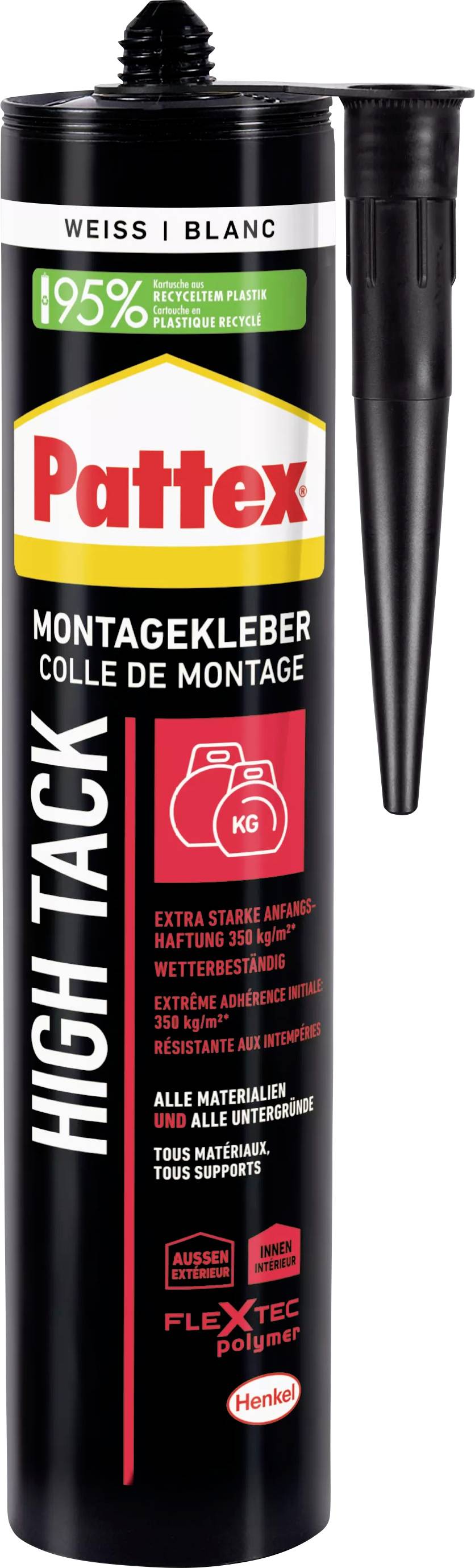 Kartusche mit Montageschaum 'Pattex'. Beschriftung: 'HIGHT TACK', extra starke Haftung, wasserfest, für alle Materialien.