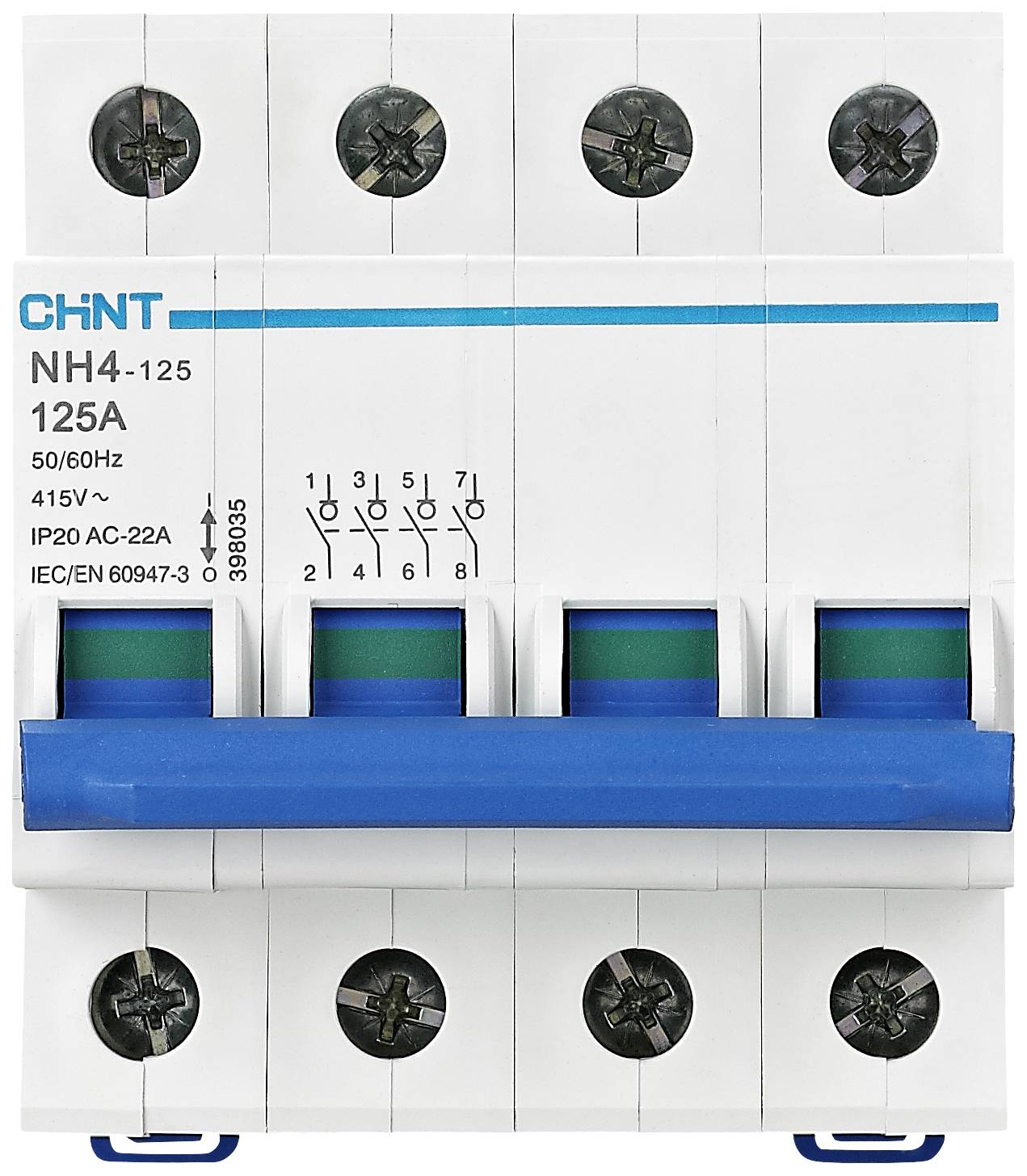 Weißer NH4-125 125A Schutzschalter von Chint, vierpolig mit blauer Hebelleiste, passend für Spannungen bis 415V und Stromstärke 22A.