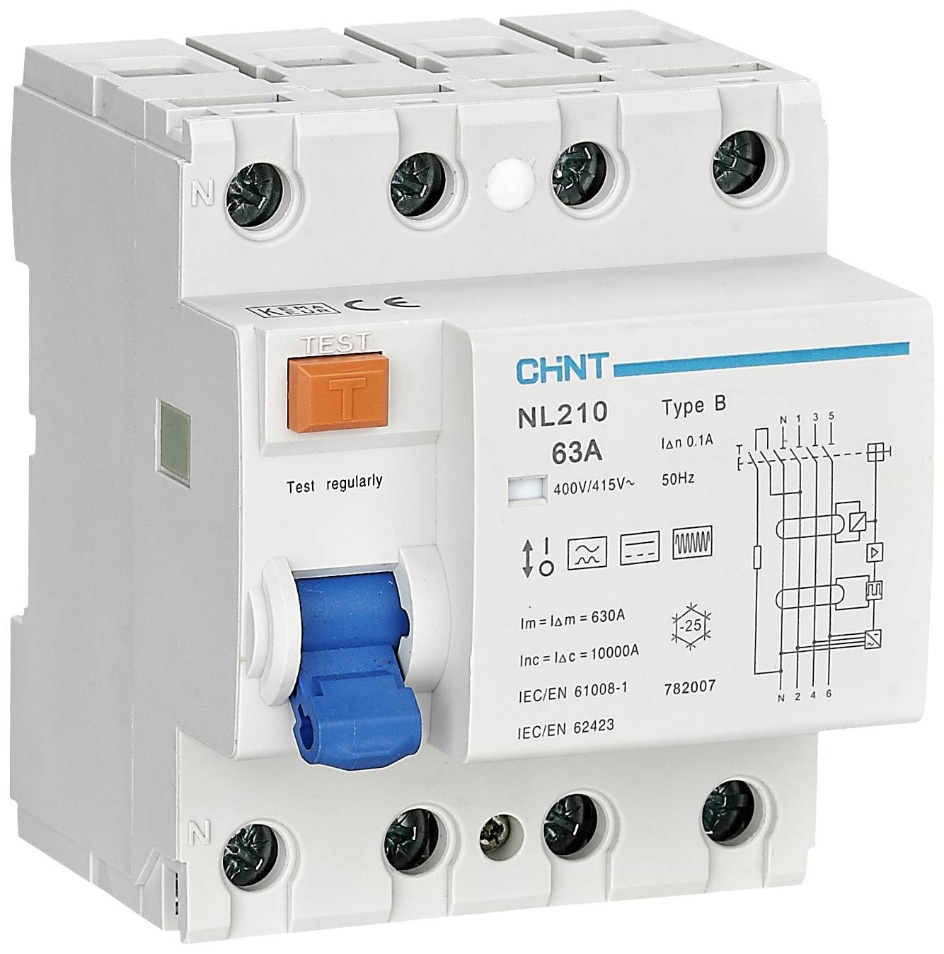 Chint 782007 NL210 3PN 63A 100mA B 10kA FI-Schutzschalter B/10 kA 3polig 63A 0.1A 415V