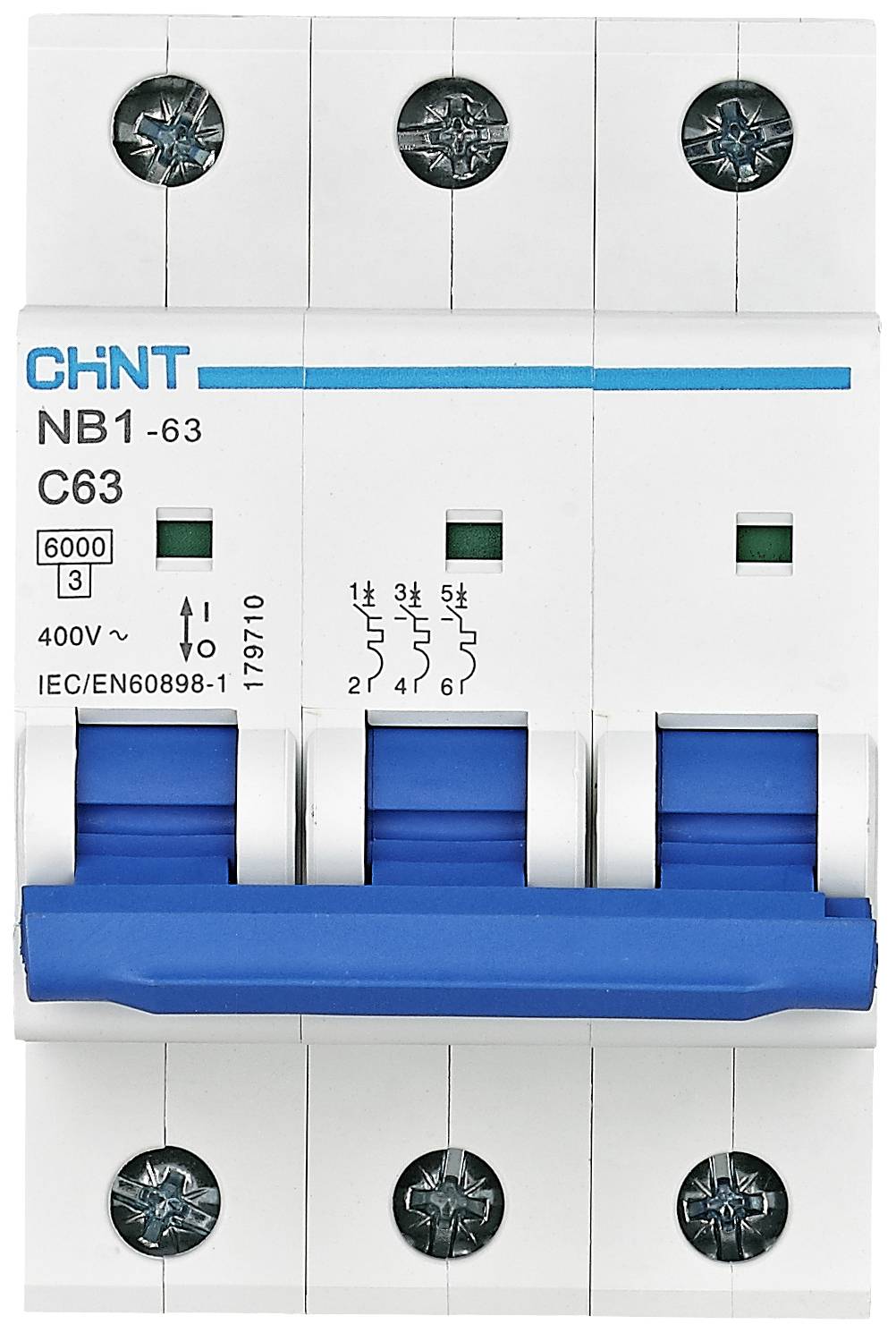 Ein dreipoliger Sicherungsautomat der Marke CHNT, Modell NB1-63, mit blauen Schaltern. Geeignet für 400V, 63A, 6000 A Schaltvermögen.