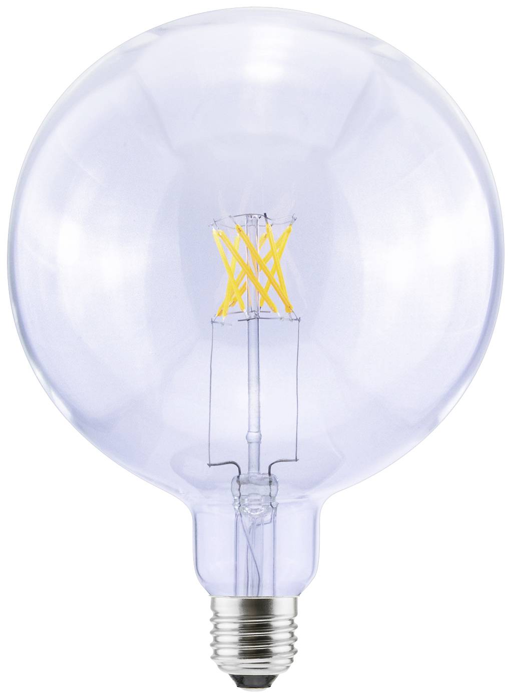 Eine klare Glühbirne mit sichtbarem Filament, ähnlich einer LED, auf weißem Hintergrund. Sie ist in klassischer Glühform.