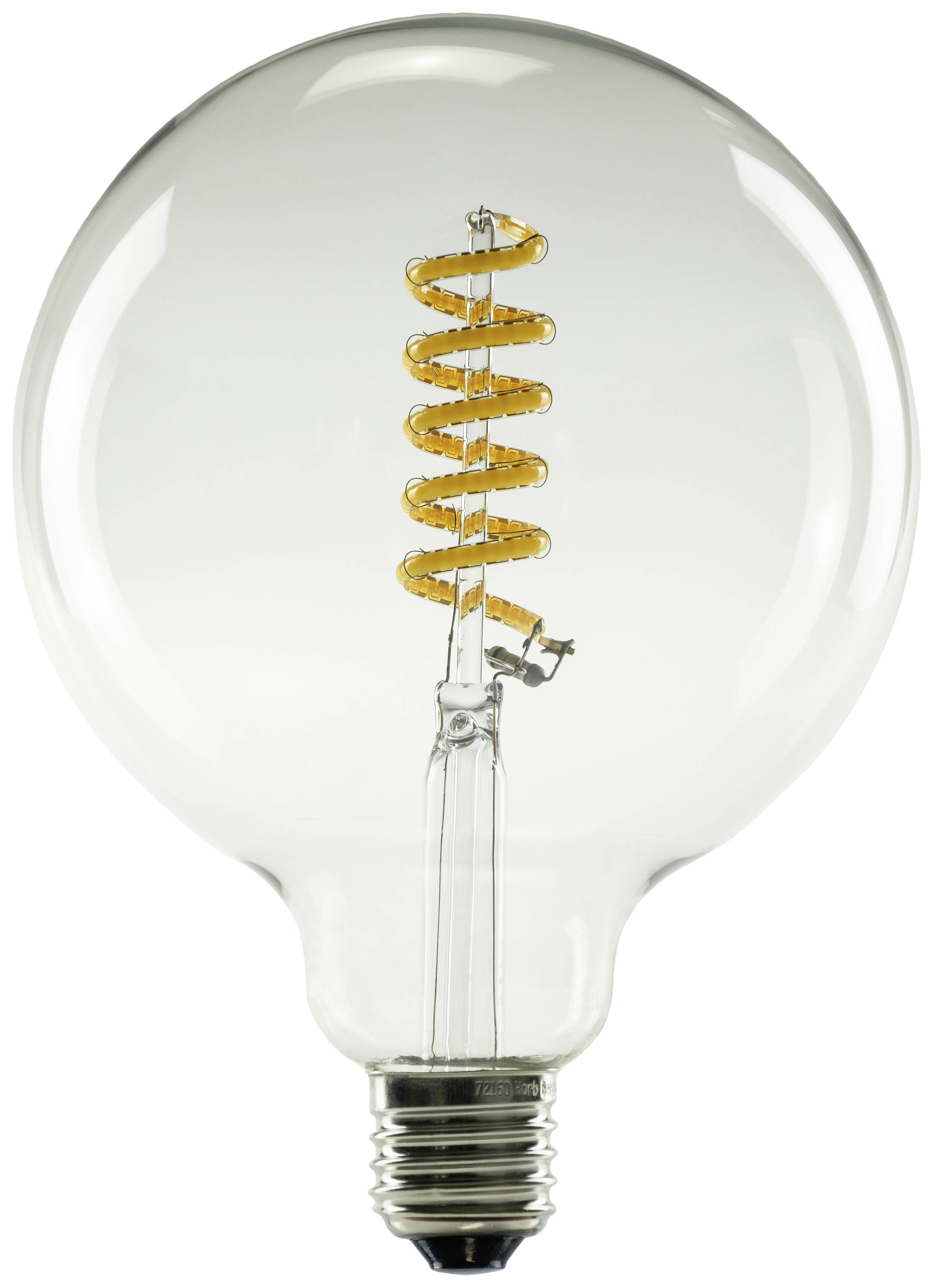 Eine Glühbirne mit sichtbarem gewundenem Glühfaden in spiralförmiger Anordnung, vor schlichtem Hintergrund.