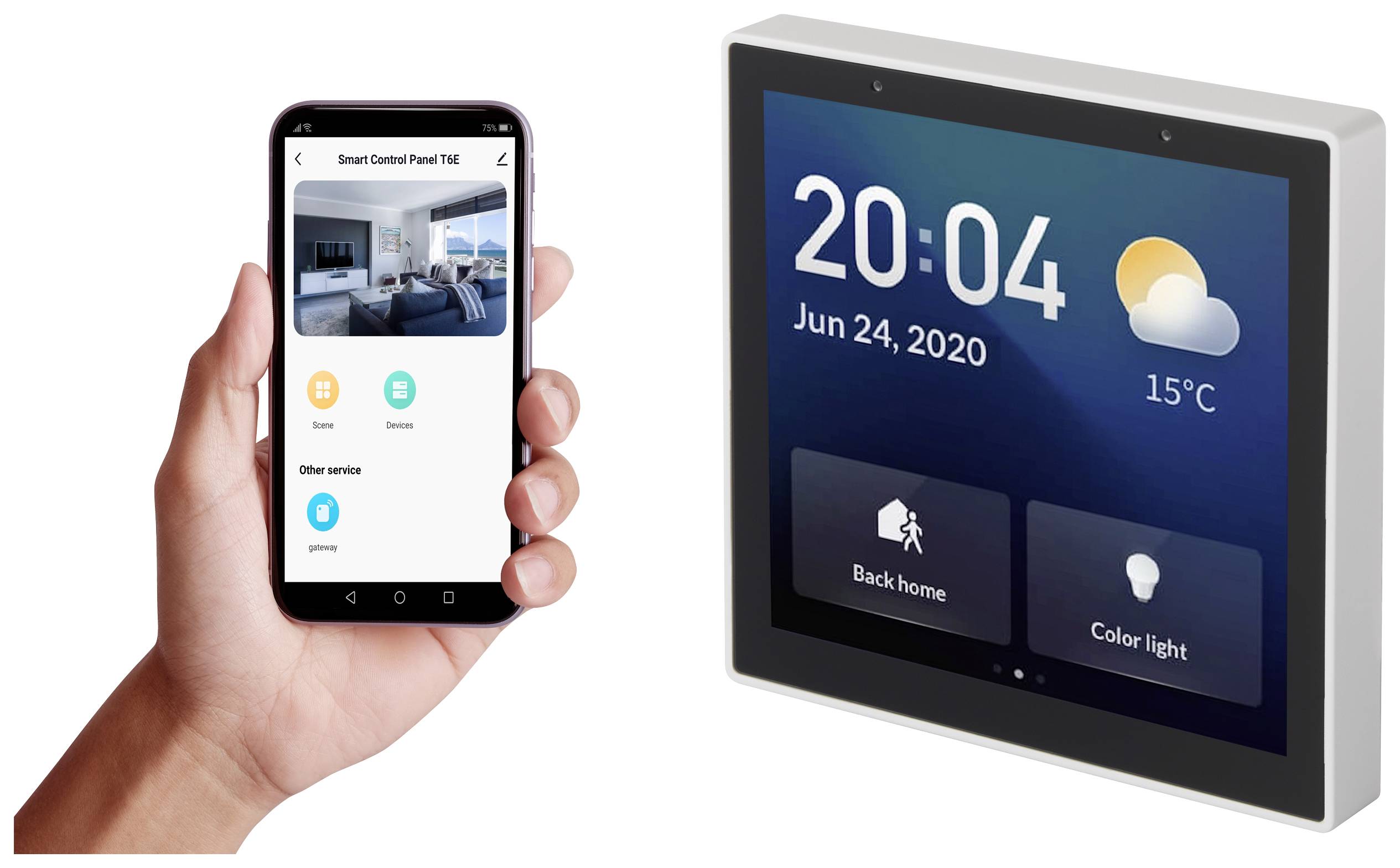 Eine Hand hält ein Smartphone mit einer Smart-Home-App, daneben ein Display mit der Uhrzeit '20:04', Datum '24. Juni 2020' und Wetteranzeige '15°C'.