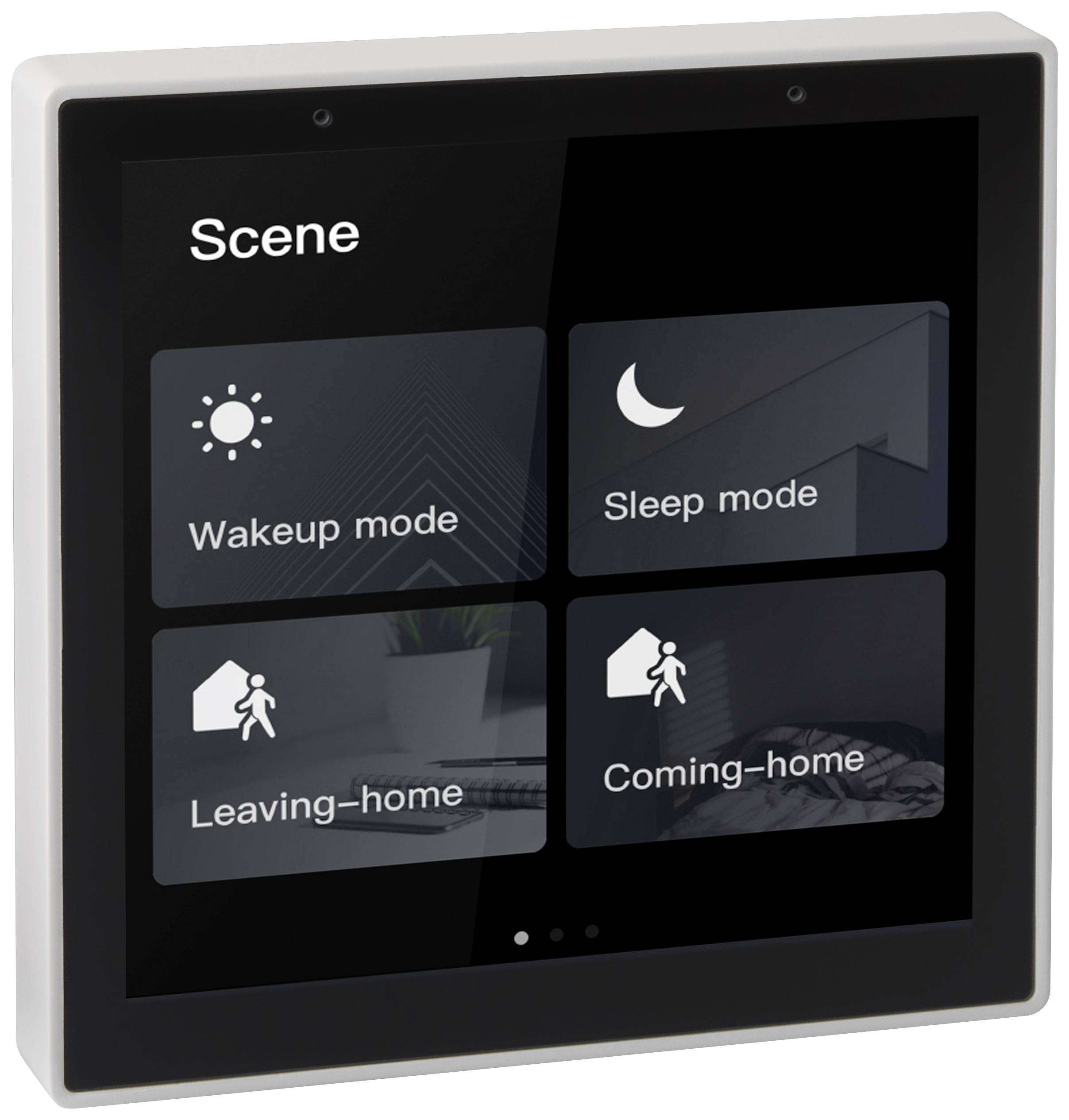 Smart-Home-Bildschirm mit vier Modi: 'Aufwachmodus' mit Sonne, 'Schlafmodus' mit Mond, 'Verlassen Zuhause' und 'Ankommen Zuhause' mit Personensymbolen.