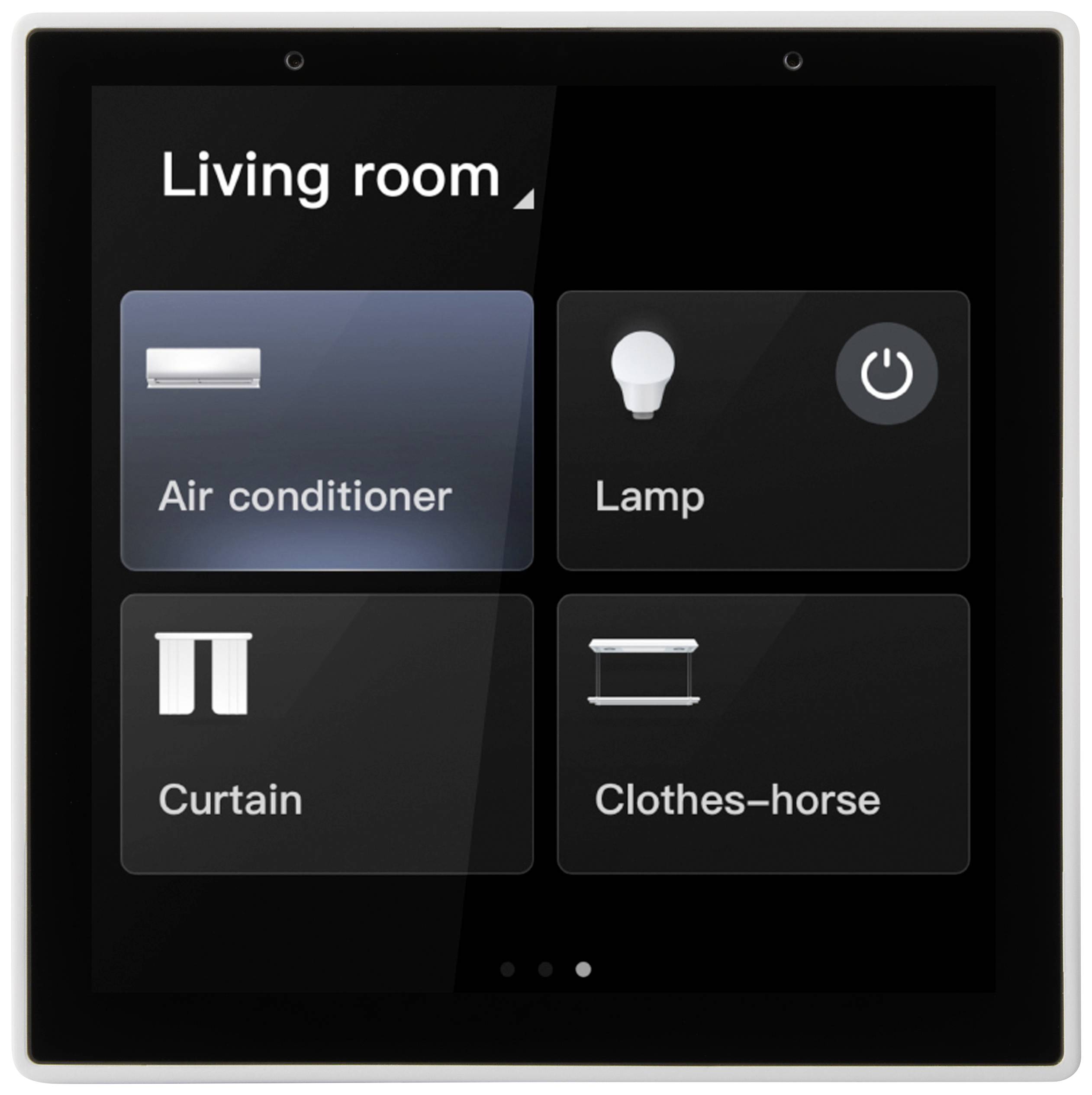 Smart-Home-Bedienfeld mit vier Schaltflächen: 'Klimaanlage', 'Lampe', 'Vorhang', 'Wäscheständer'. Oberer Text: 'Wohnzimmer'.