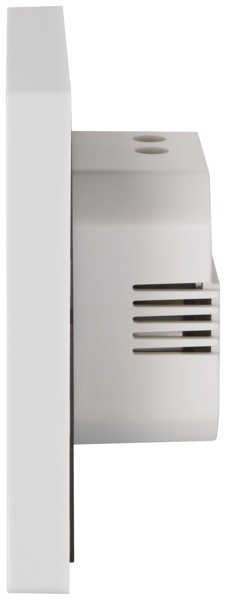 Seitenansicht eines weißen elektronischen Geräts mit Belüftungsschlitzen an der Seite. Zweck und Anwendungskontext nicht erkennbar.
