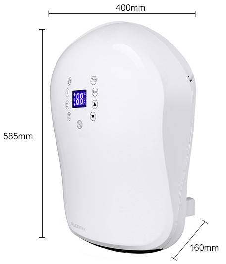 Weißer Luftreiniger mit digitalem Display und mehreren Tasten zur Steuerung. Abmessungen: 400mm Breite, 585mm Höhe, 160mm Tiefe.