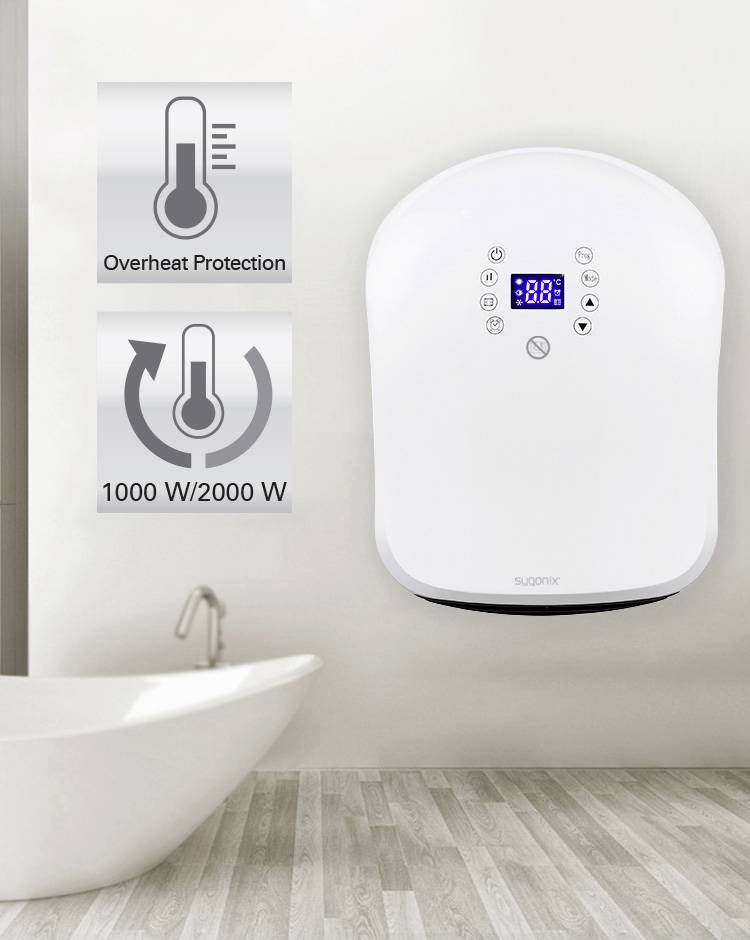 Ein elektrischer Heizkörper mit digitalem Display an einer Badezimmerwand. Symbole für 'Überhitzungsschutz' und '1000W/2000W' anzeigen.