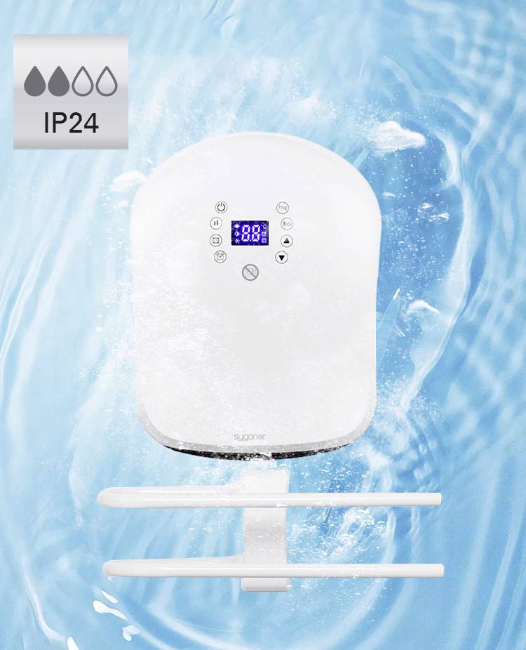 Elektrischer Handtuchtrockner auf blauem Hintergrund, wasserdicht nach IP24-Standard, mit digitalem Display und mehreren Funktionen.