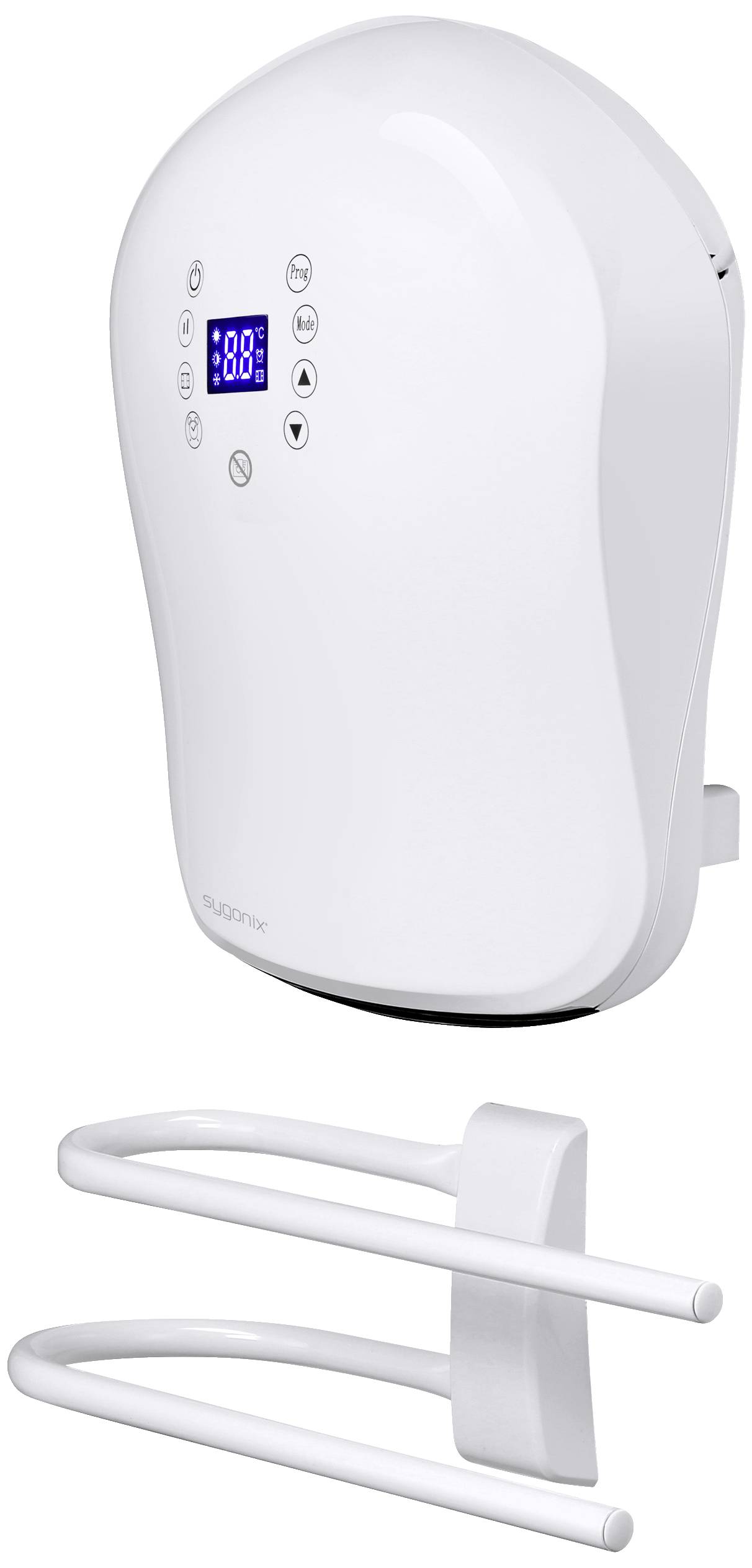 Ein weißer elektrischer Handtuchtrockner mit digitalem Display, vier Tasten zur Temperatureinstellung und einem Doppelstangenhalter.