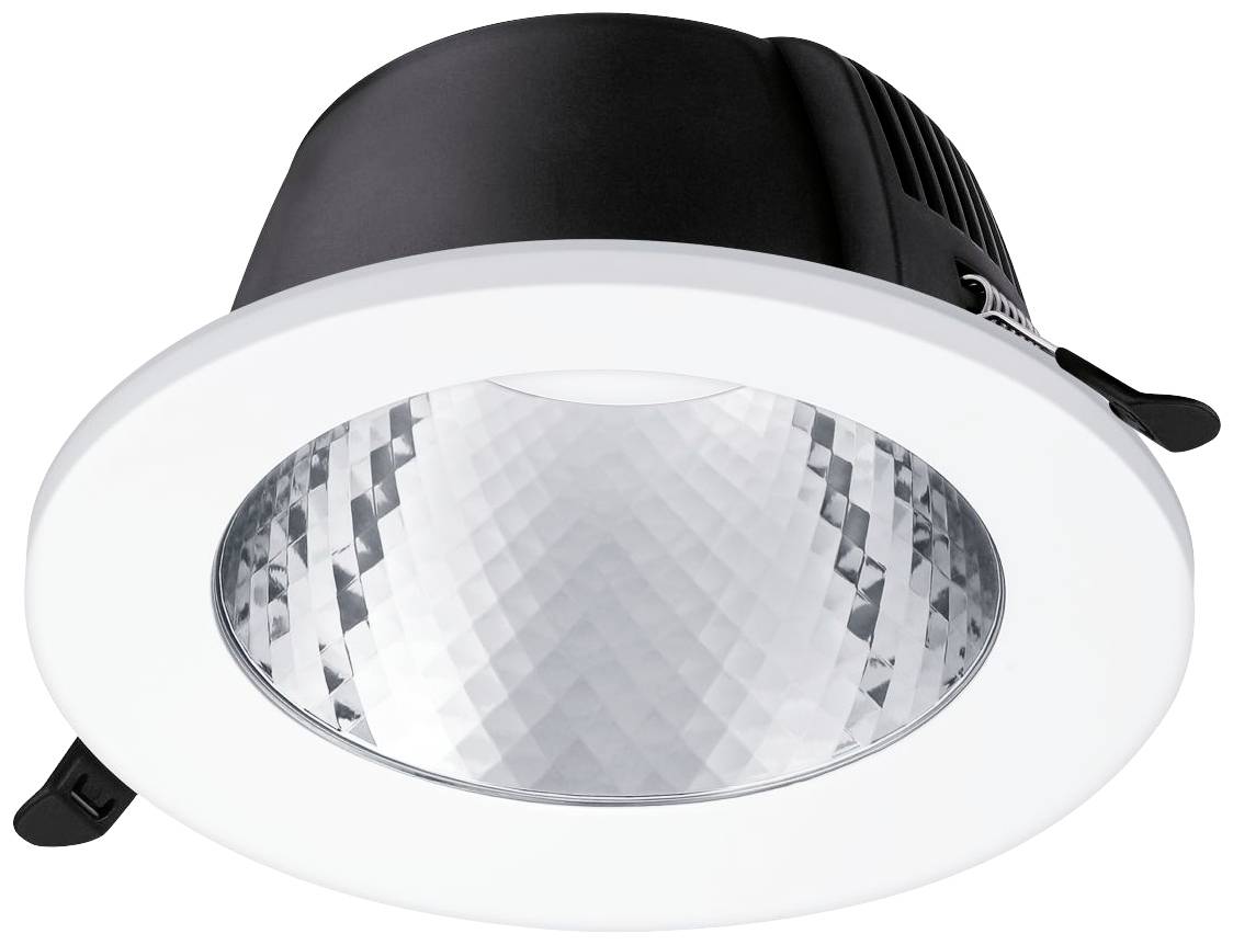 Ein LED-Downlight mit silbernem Reflektor und weißem Randgehäuse, geeignet für Deckenmontage, mit breitem Abstrahlwinkel.